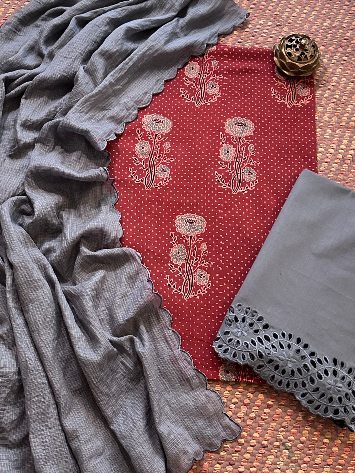 Pure Cotton Mul Ajrak with Scalloped Dupatta & Cutwork Bottom