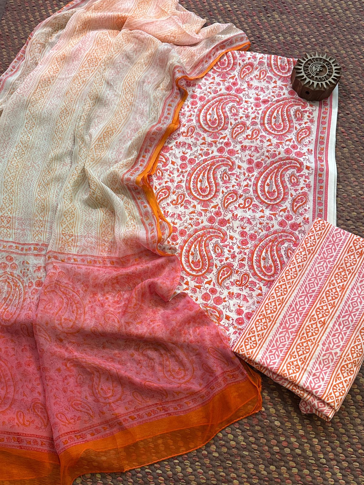 Pure Cotton Unstitched Set with Pure chiffon Dupatta