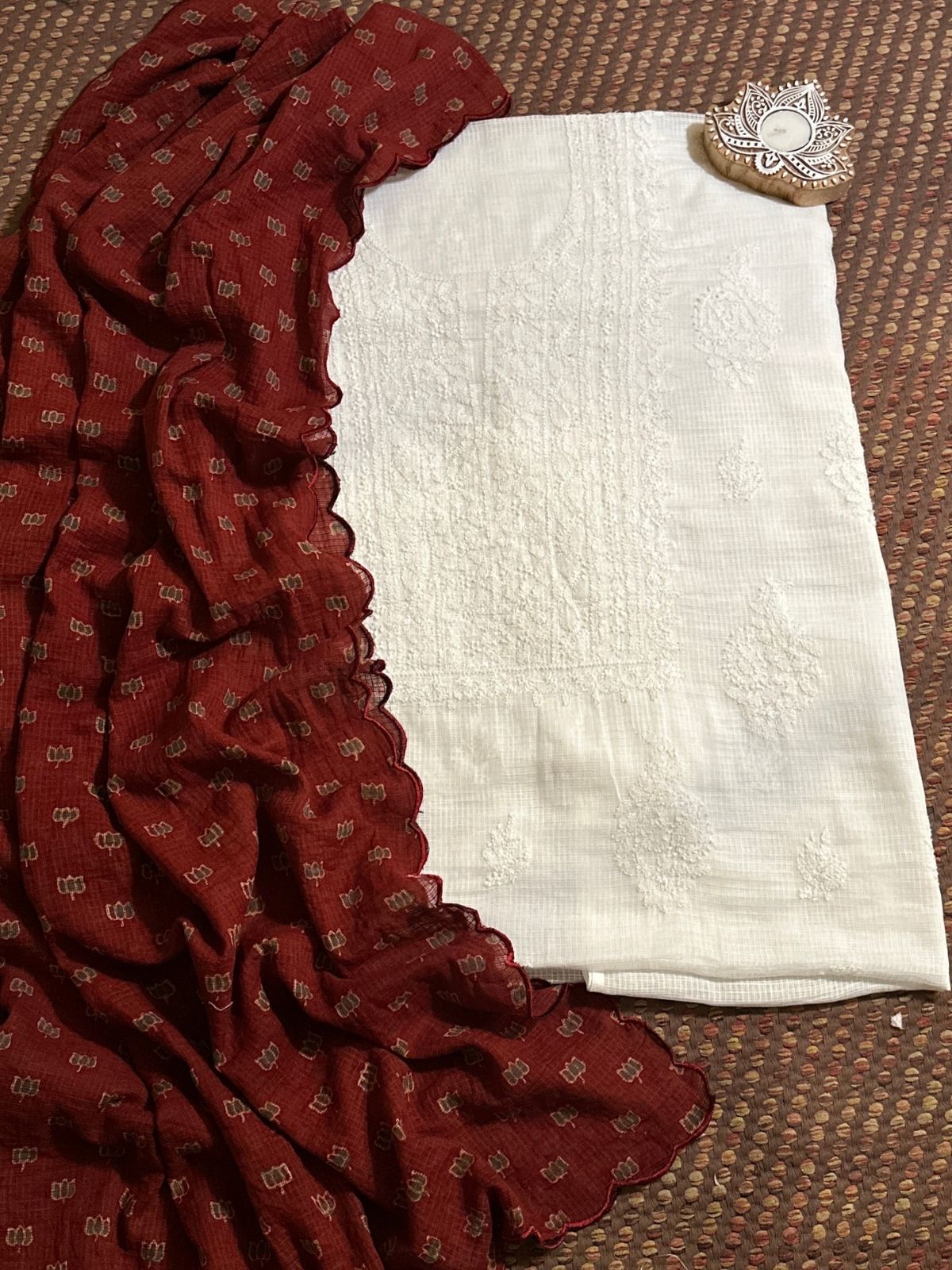 Chikankari Hand Embroidered Fabric with Ajrak Hadblocked Kota Dupatta