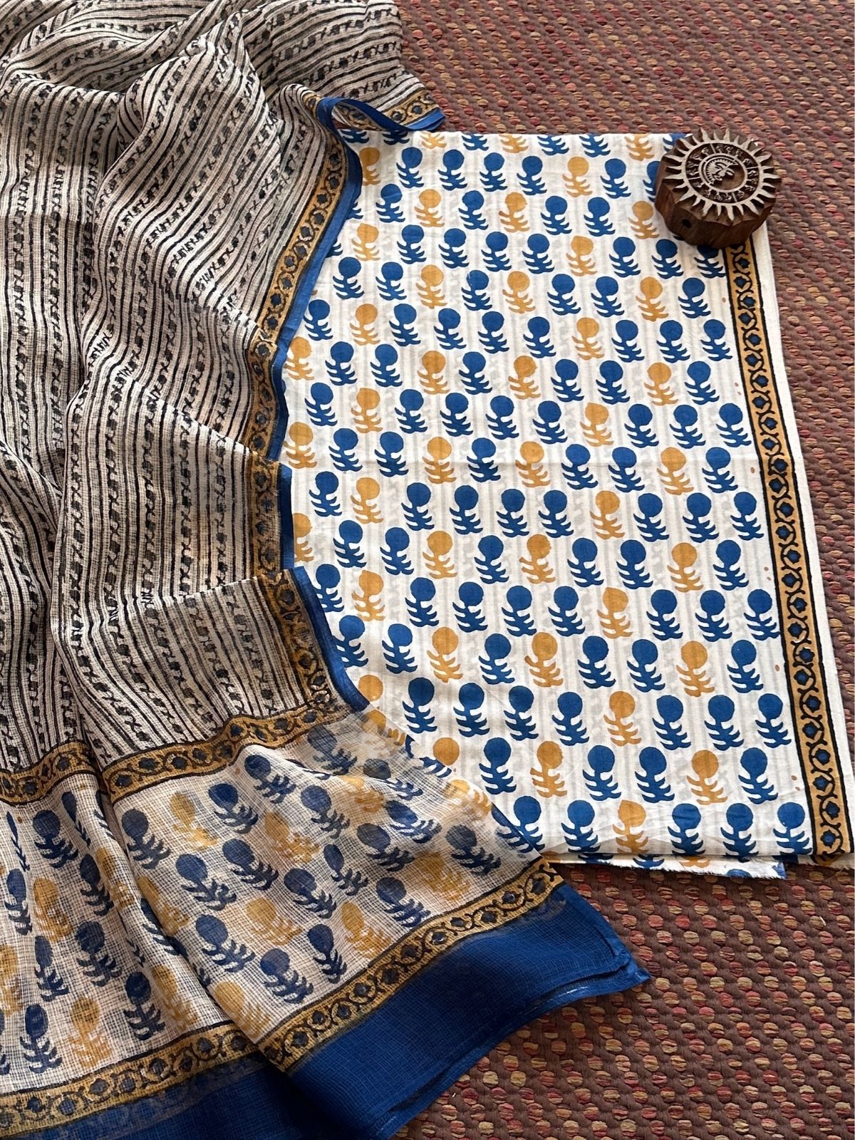 Pure Handblcoked Cotton Unstitched Set with Handblocked Kota Dupatta