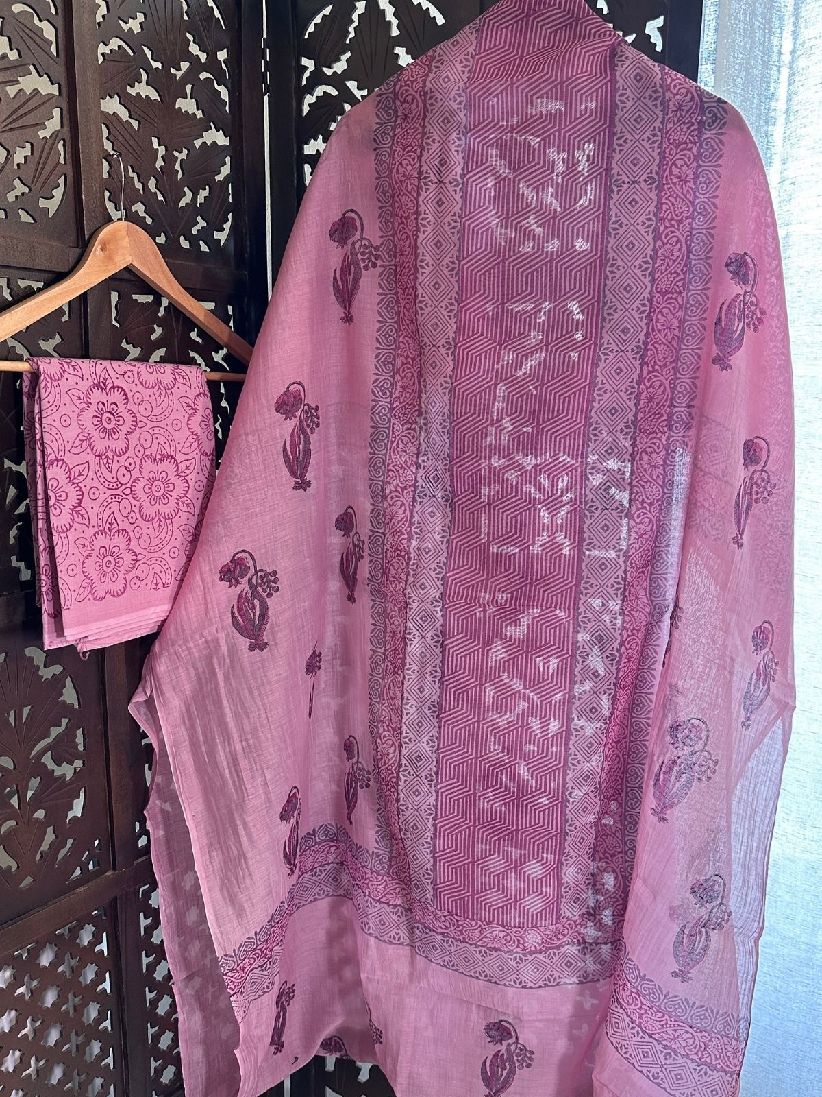 Premium Hand-blocked Malmal Maheswari Unstitched Set
