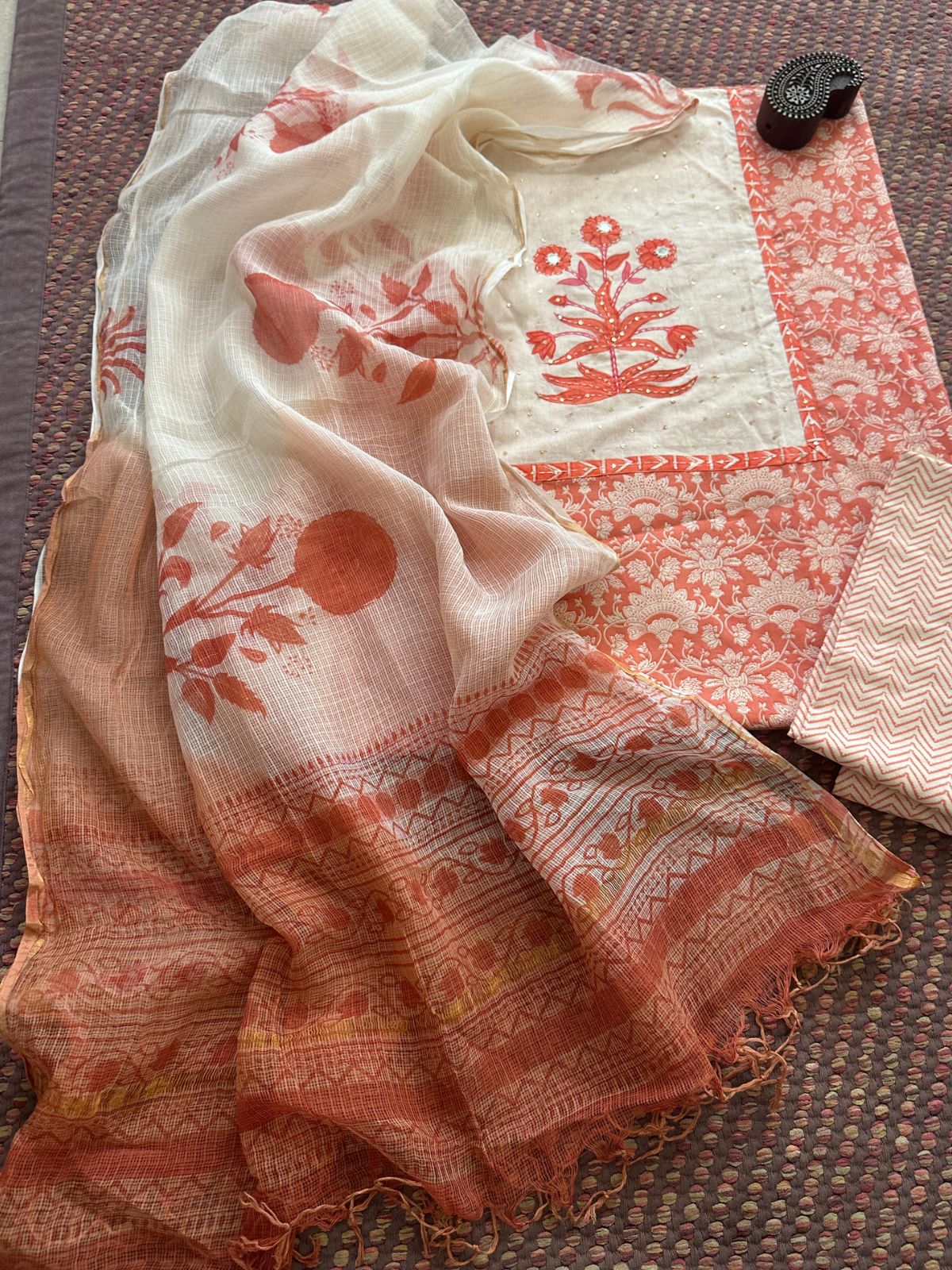 Pure Handblcoked Cotton Unstitched Set with Handblocked Kota Dupatta