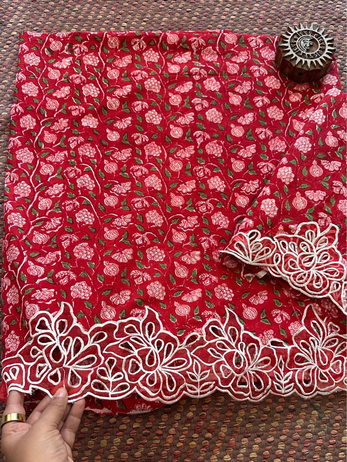 Pure Cotton Hand-blocked Coord Set with Cutwork on Organza Patch Work.