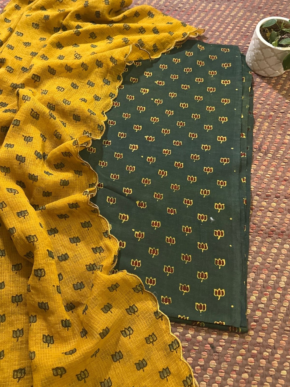 Ajrakh Cotton Malmal Handblocked Set- Top & Dupatta