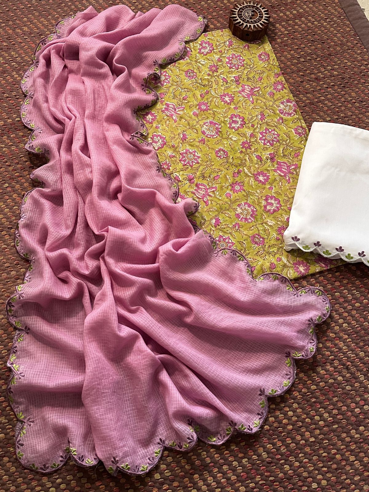 Pure Cotton Hand-block Fabric with Embroidered Bottom & Kota Doria Dupatta