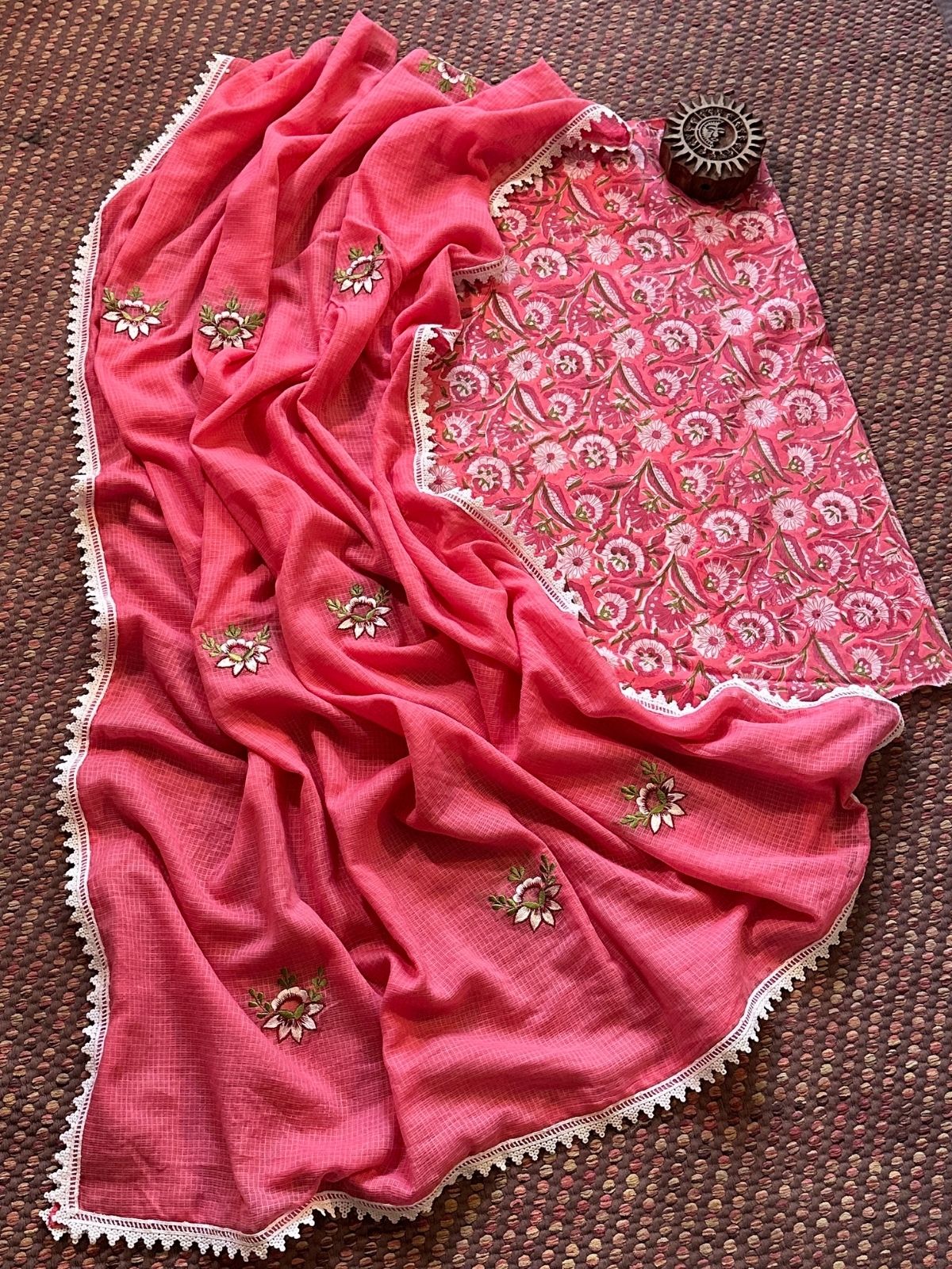 Pure Cotton Handblocked Fabric with Embroidered Kota Dupatta