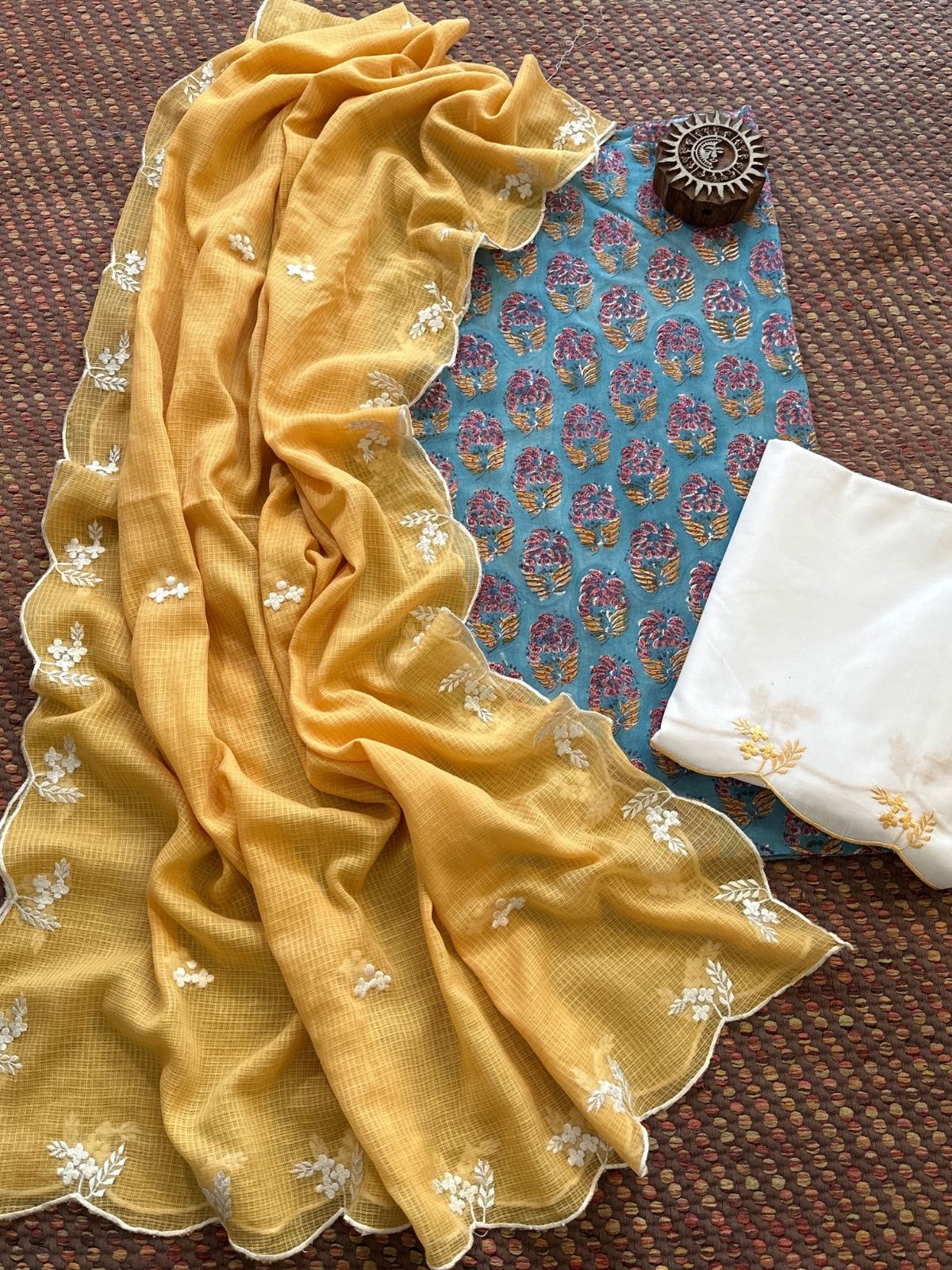 Pure Cotton Malmal Hand-block Fabric with Embroidered Bottom & Kota Doria Dupatta