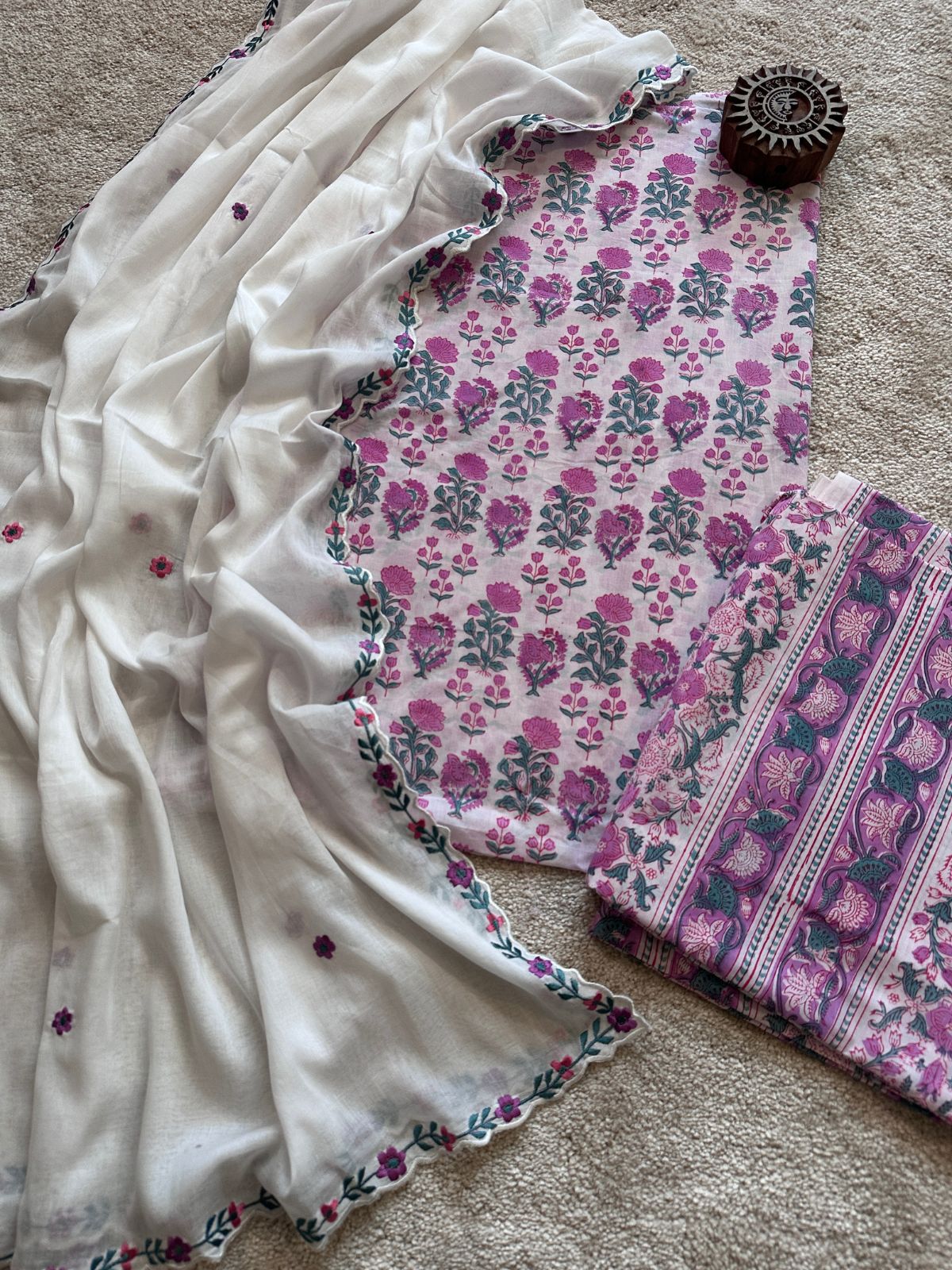 Pure Cotton Hand Blocked Set with Malmal Embroidered Dupatta