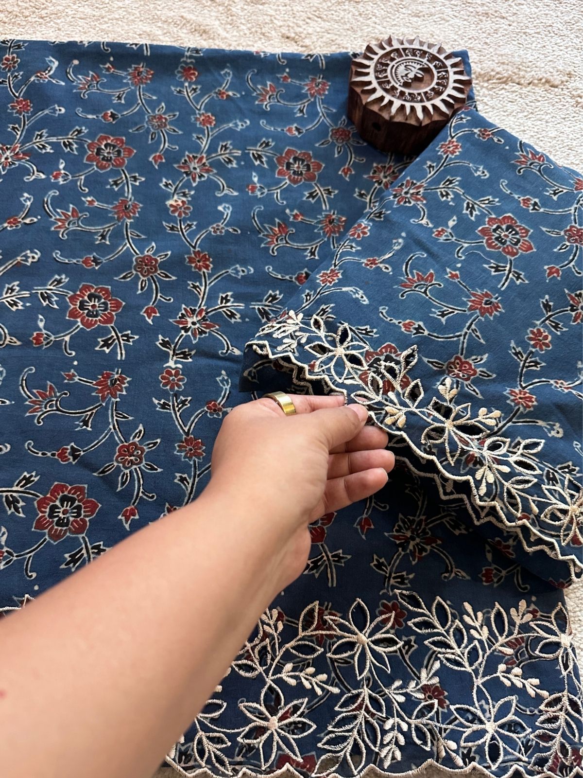 Exclusive Cutwork embroidered Ajrak Cotton Malmal Coord Set