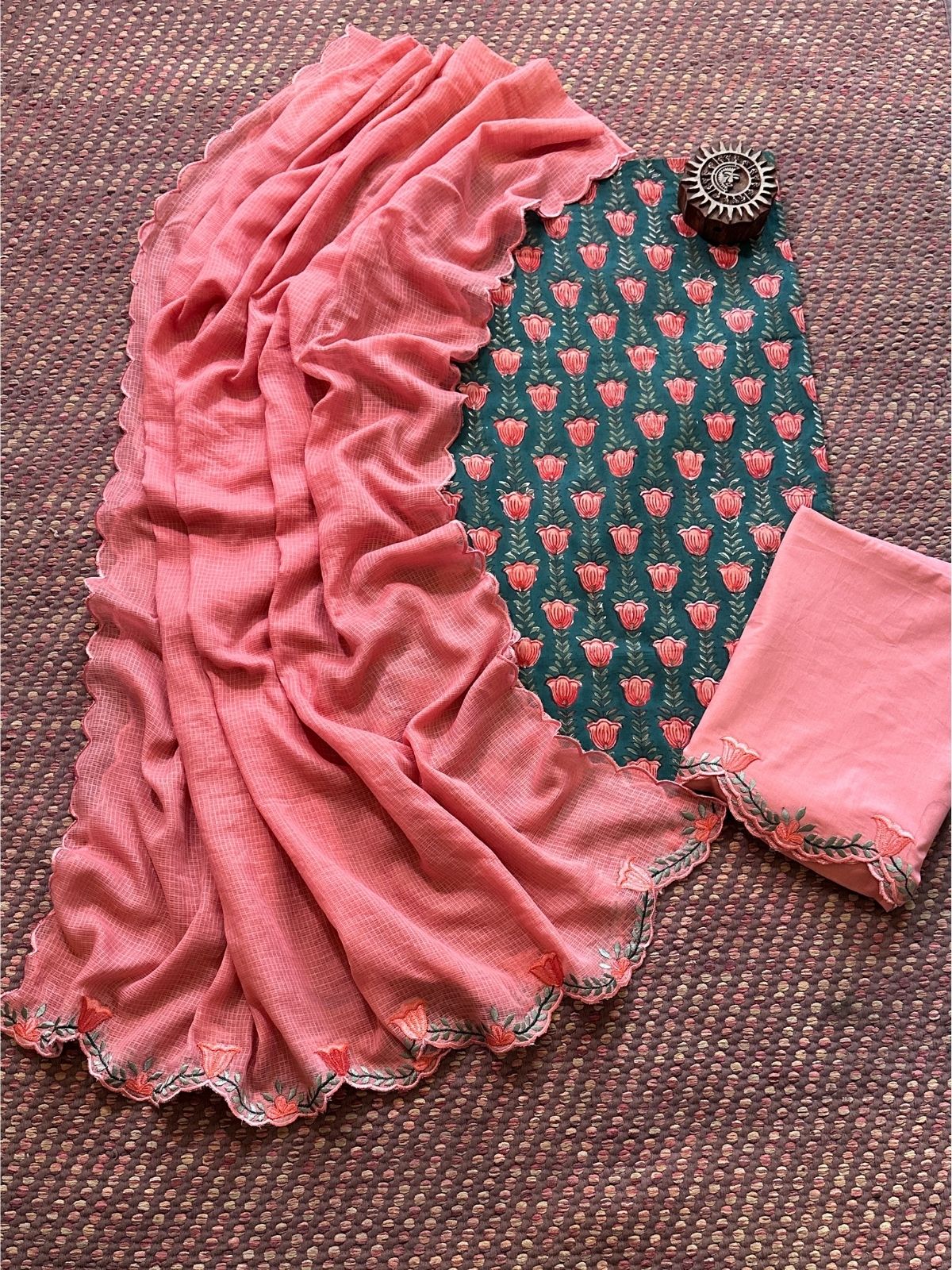 Pure Cotton Hand-block Fabric with Embroidered Bottom & Kota Doria Dupatta