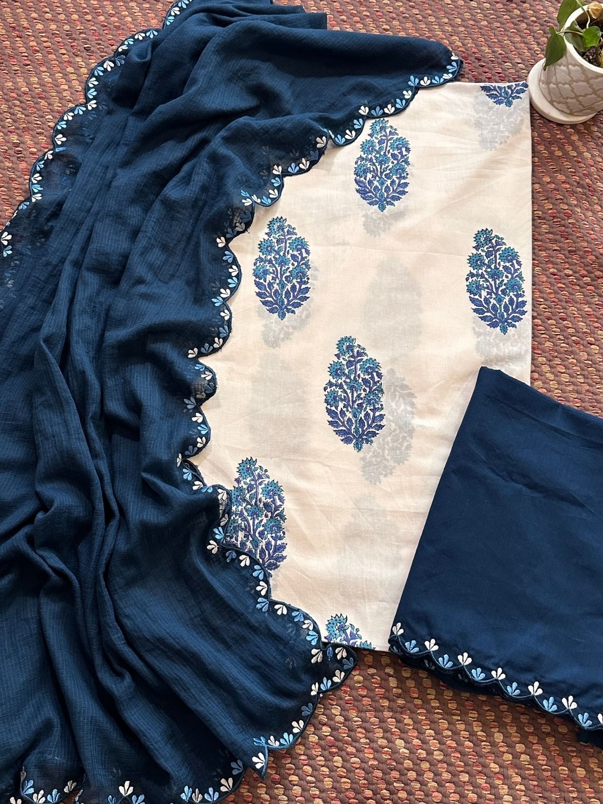 Pure Cotton Hand blocked Set with Embroidered Dupatta