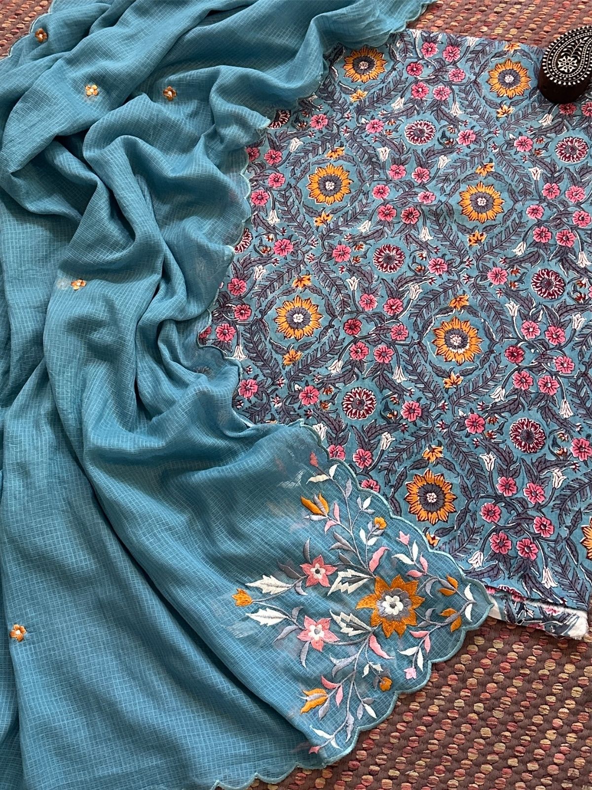 Pure Cotton Malmal Handblock Fabric with Exclusive Embroidered Dupatta