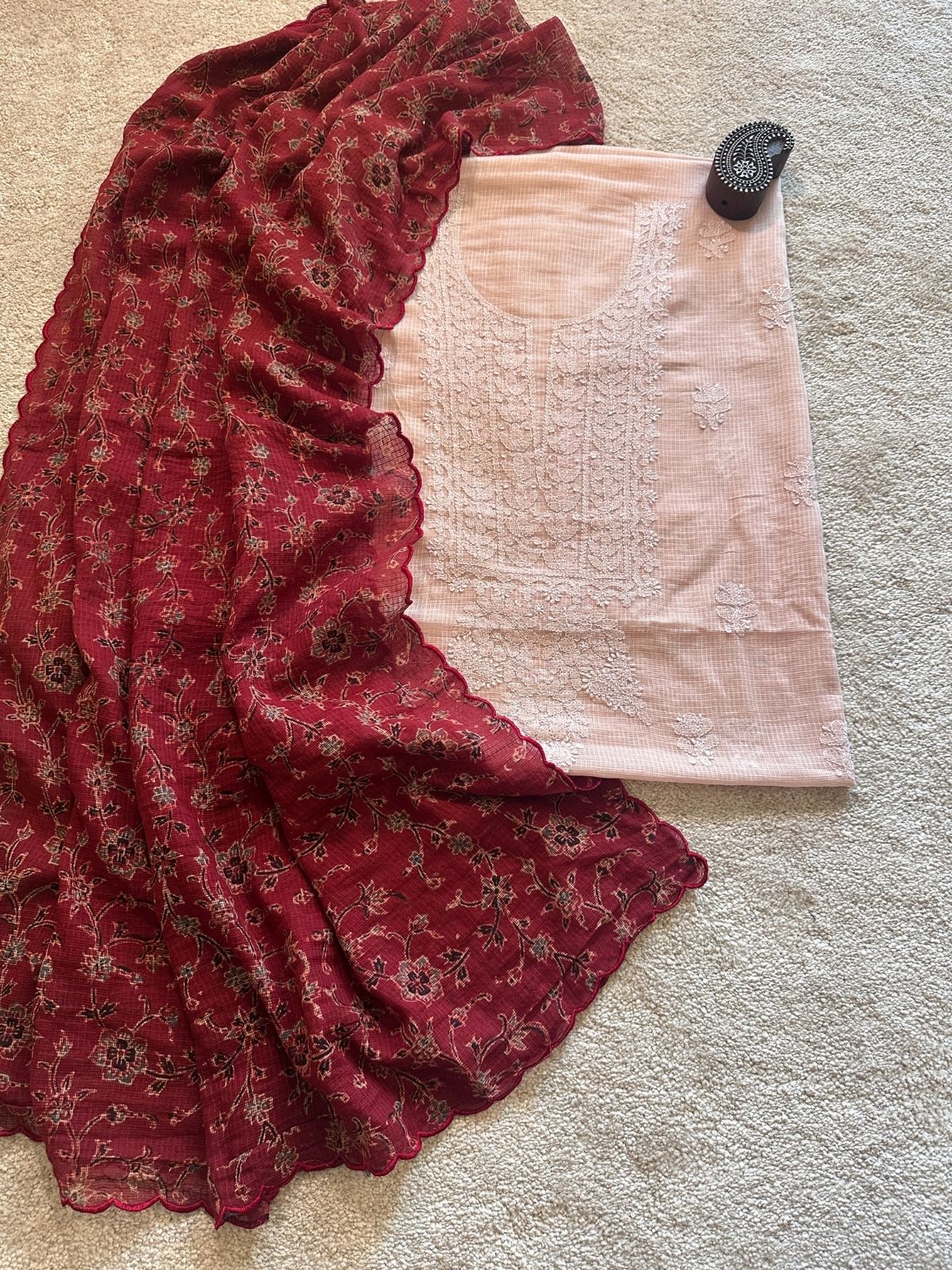 Chikankari Hand Embroidered Fabric with Ajrak Hadblocked Kota Dupatta