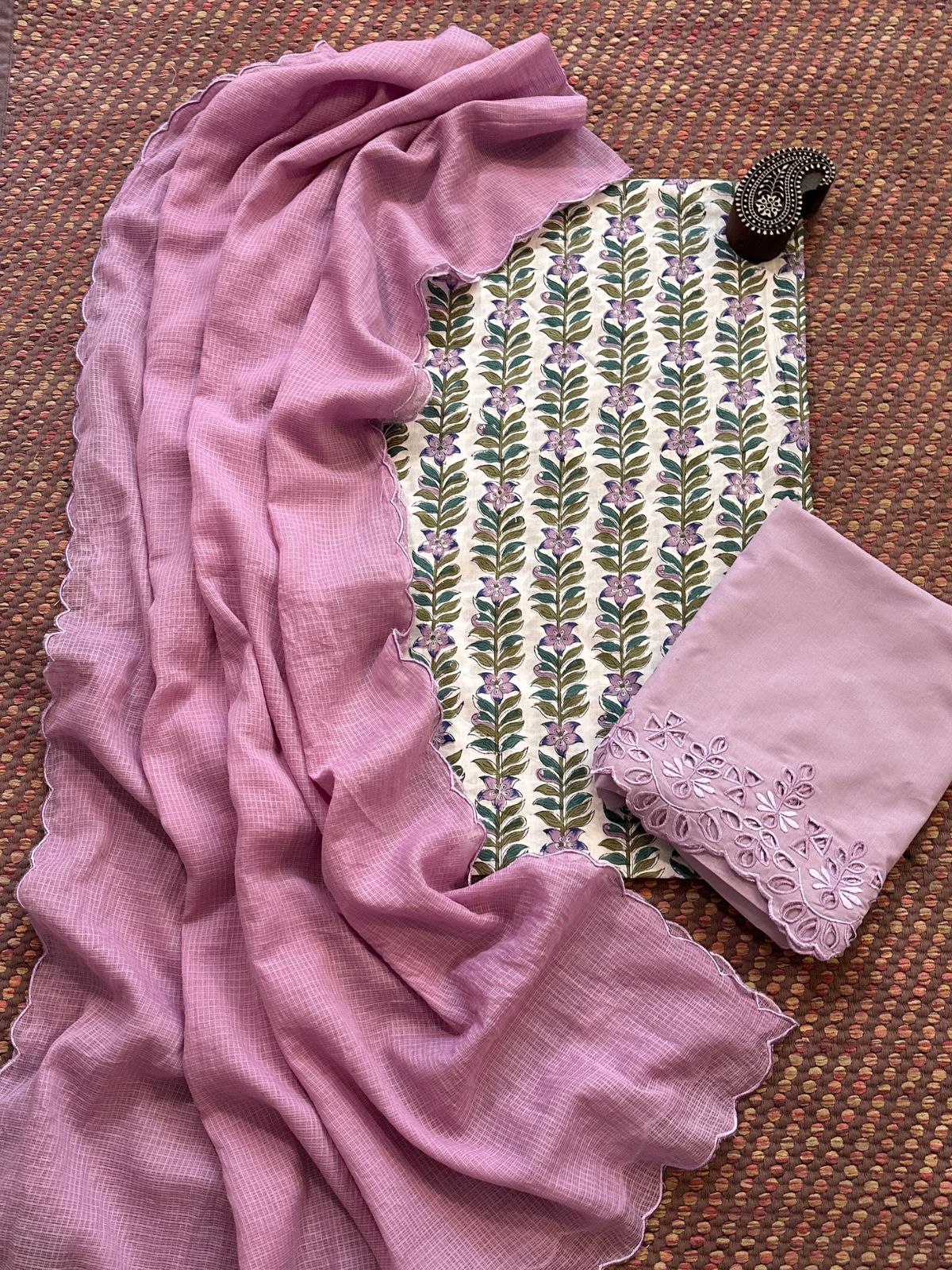 Pure Cotton Hand-blocked Fabric with Cutwork Bottom & Kota Doria Dupatta