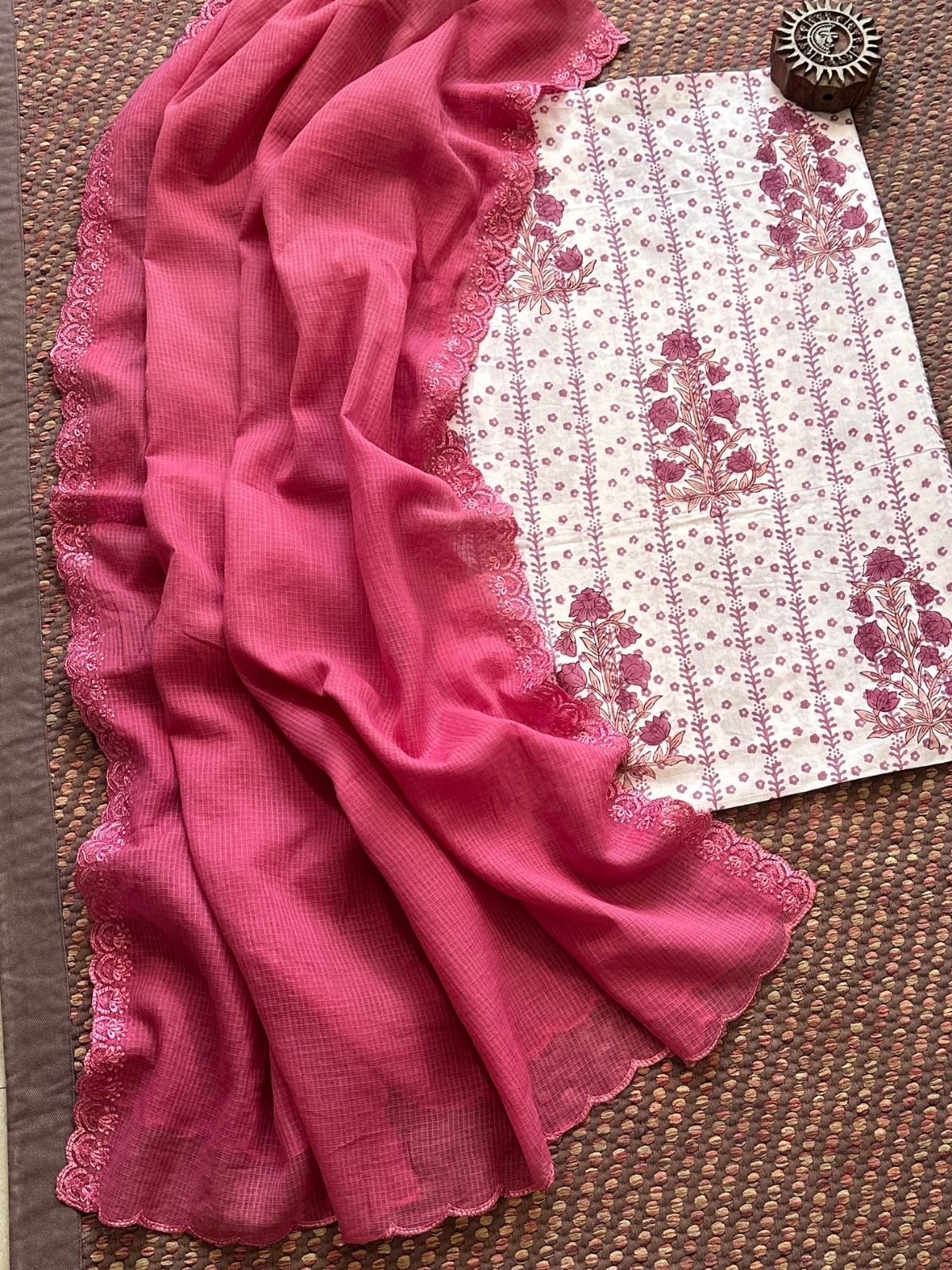 Pure Cotton  Handblock Fabric with Embroidered Kota Dupatta