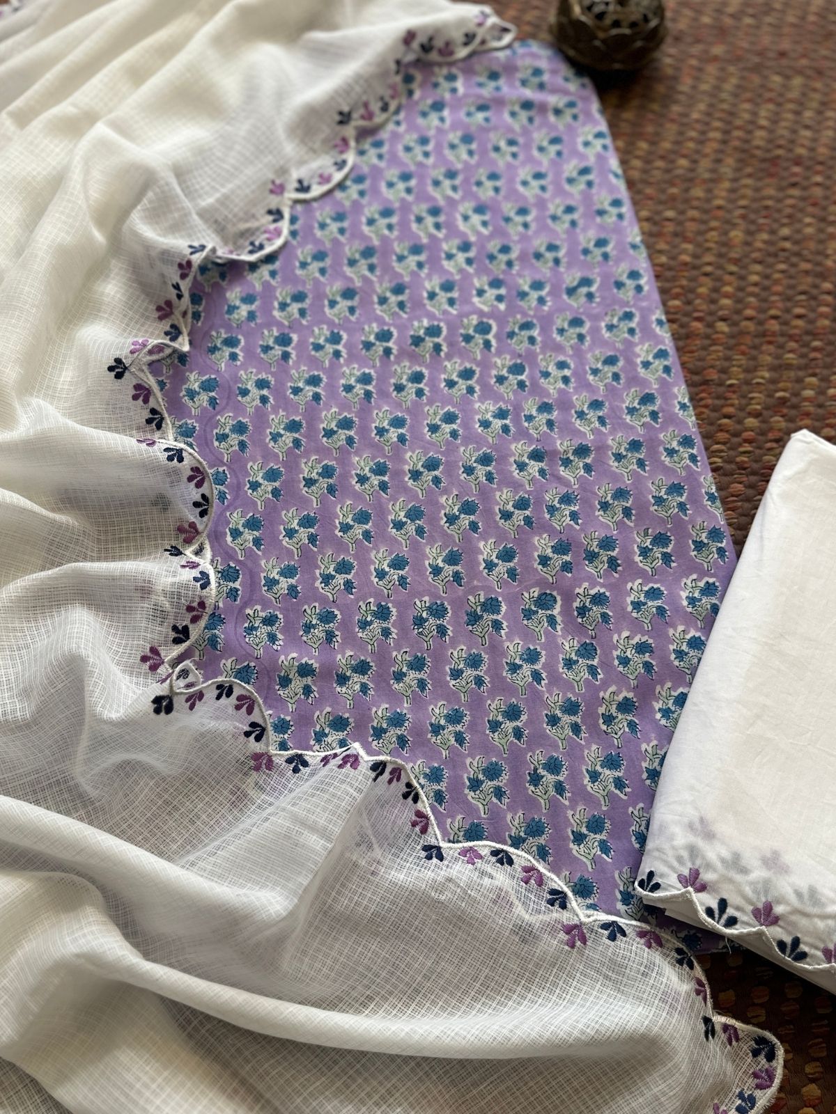 Pure Cotton Hand blocked Set with Embroidered Dupatta