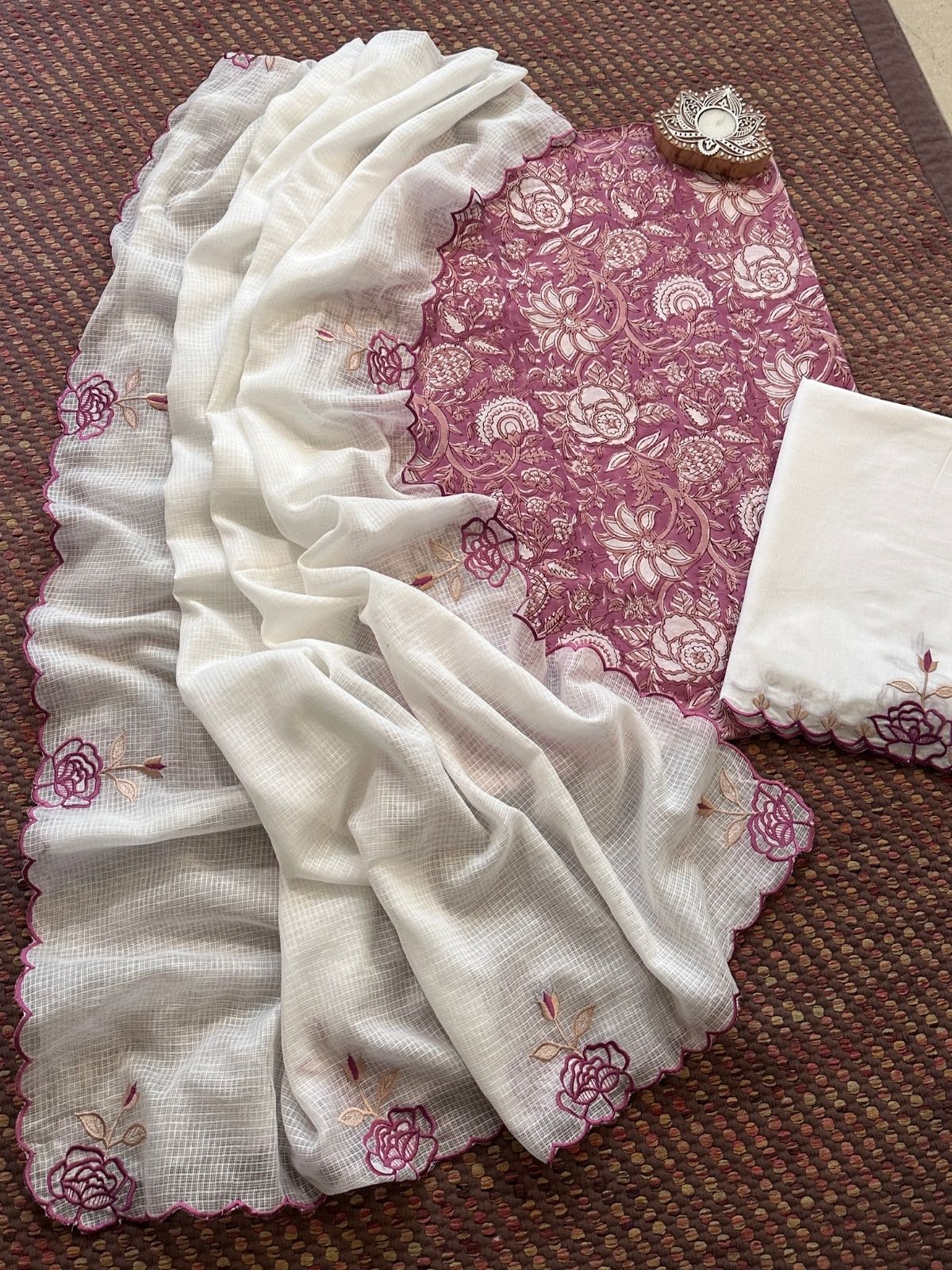 Pure Cotton Hand-block Fabric with Embroidered Bottom & Kota Doria Dupatta