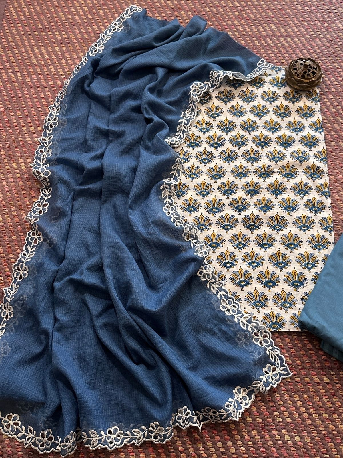 Pure Cotton Malmal Hand-block Fabric set with Cutwork Embroidered Kota Doria Dupatta