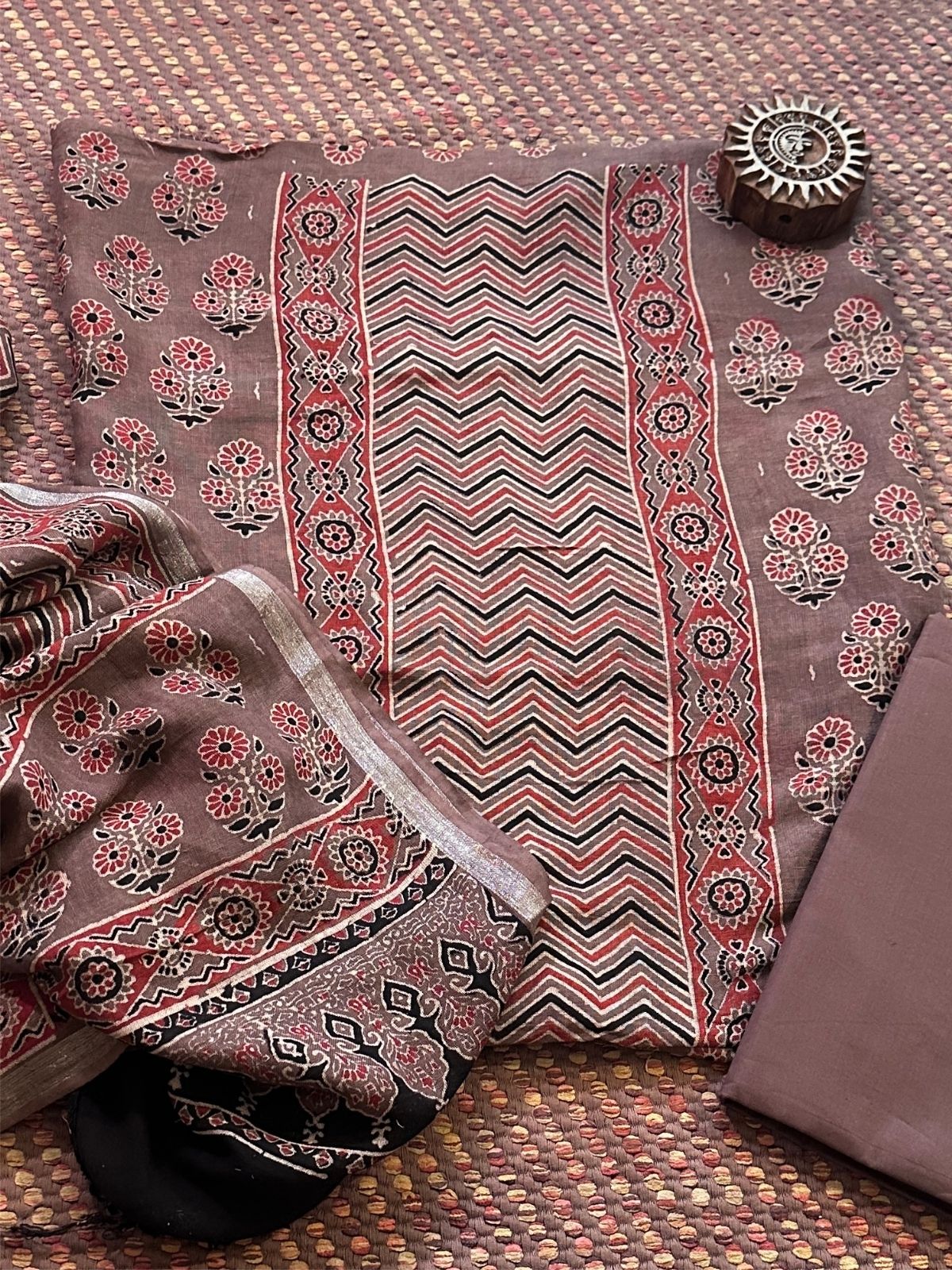 Linen Ajrakh Hand- Block Unstitched Set