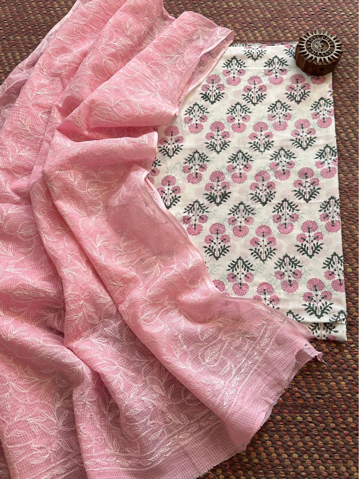 Pure Cotton Hand Blocked Fabric with Chikankari Dupatta
