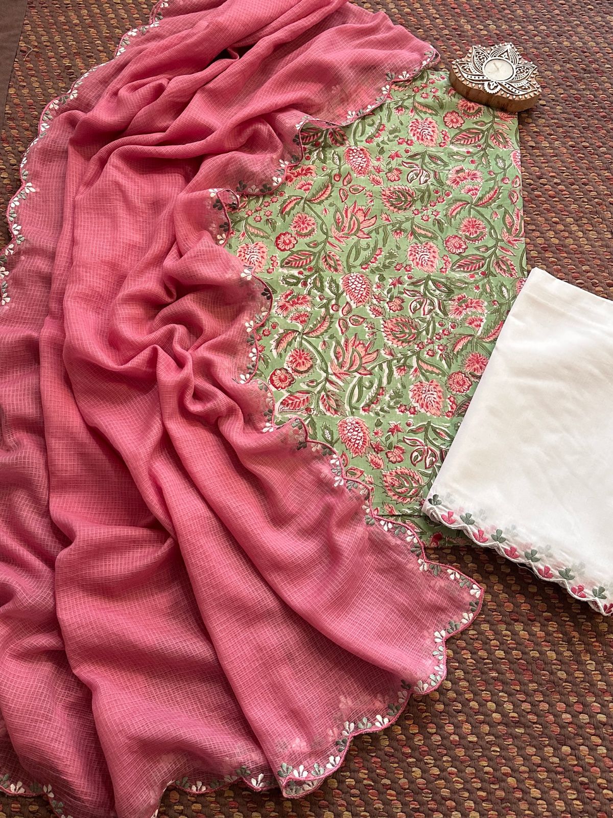Pure Cotton Hand-block Fabric with Embroidered Bottom & Kota Doria Dupatta