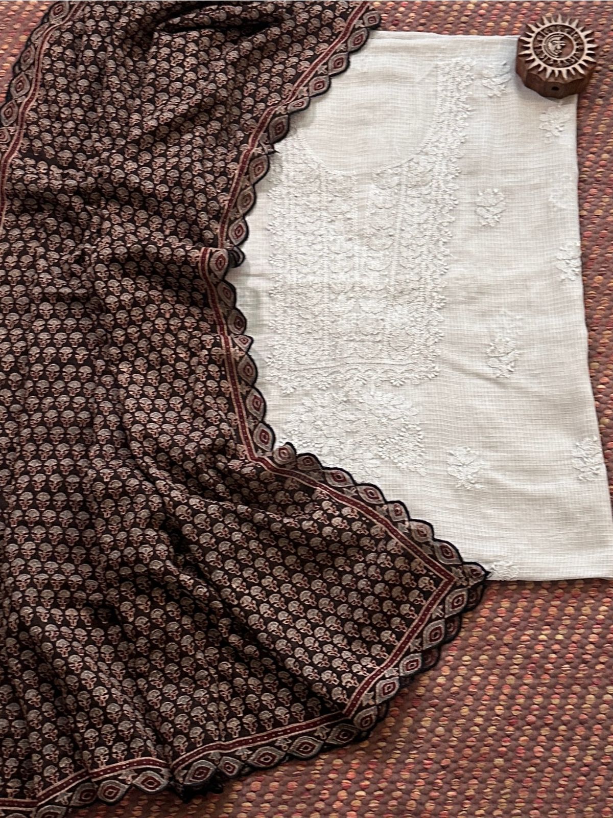 Chikankari Hand Embroidered Fabric with Ajrak Hadblocked Kota Dupatta