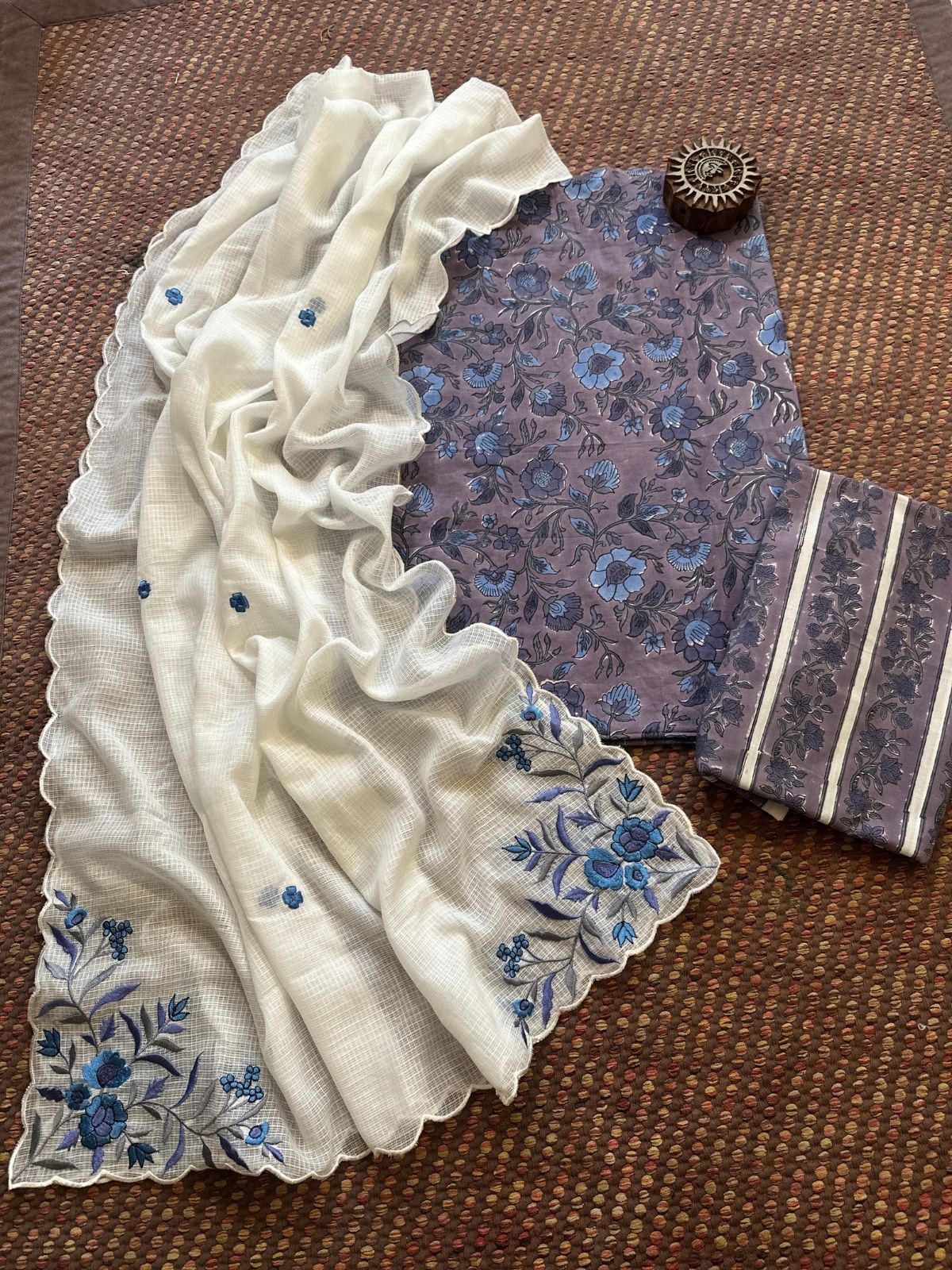 Pure Cotton Handblock Fabric with Embroidered Dupatta