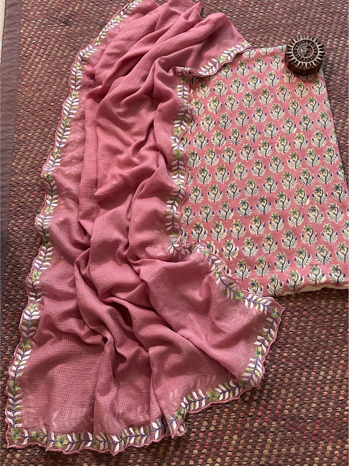 Pure Cotton Hand-blocked fabric with Embroidered Dupatta