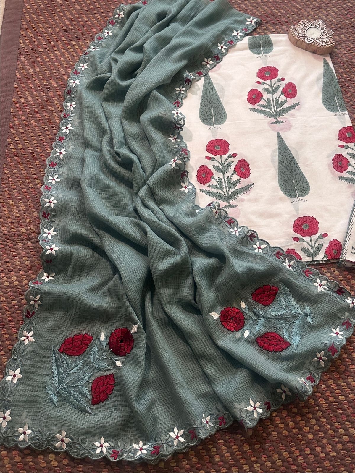 Pure Cotton  Hand blocked Set with Embroidered Dupatta
