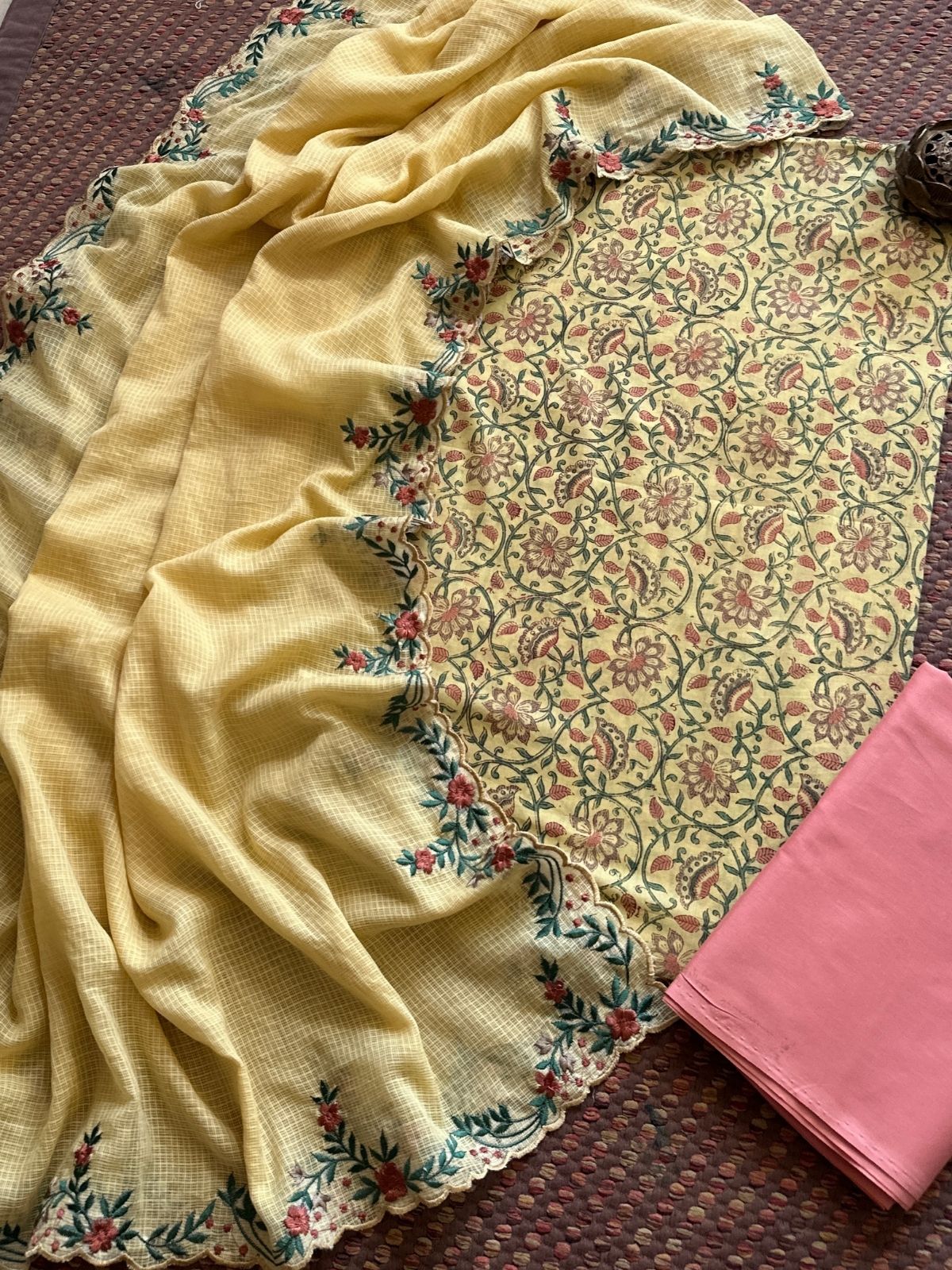 Pure Cotton Hand-block Fabric set with Embroidered Kota Doria Dupatta