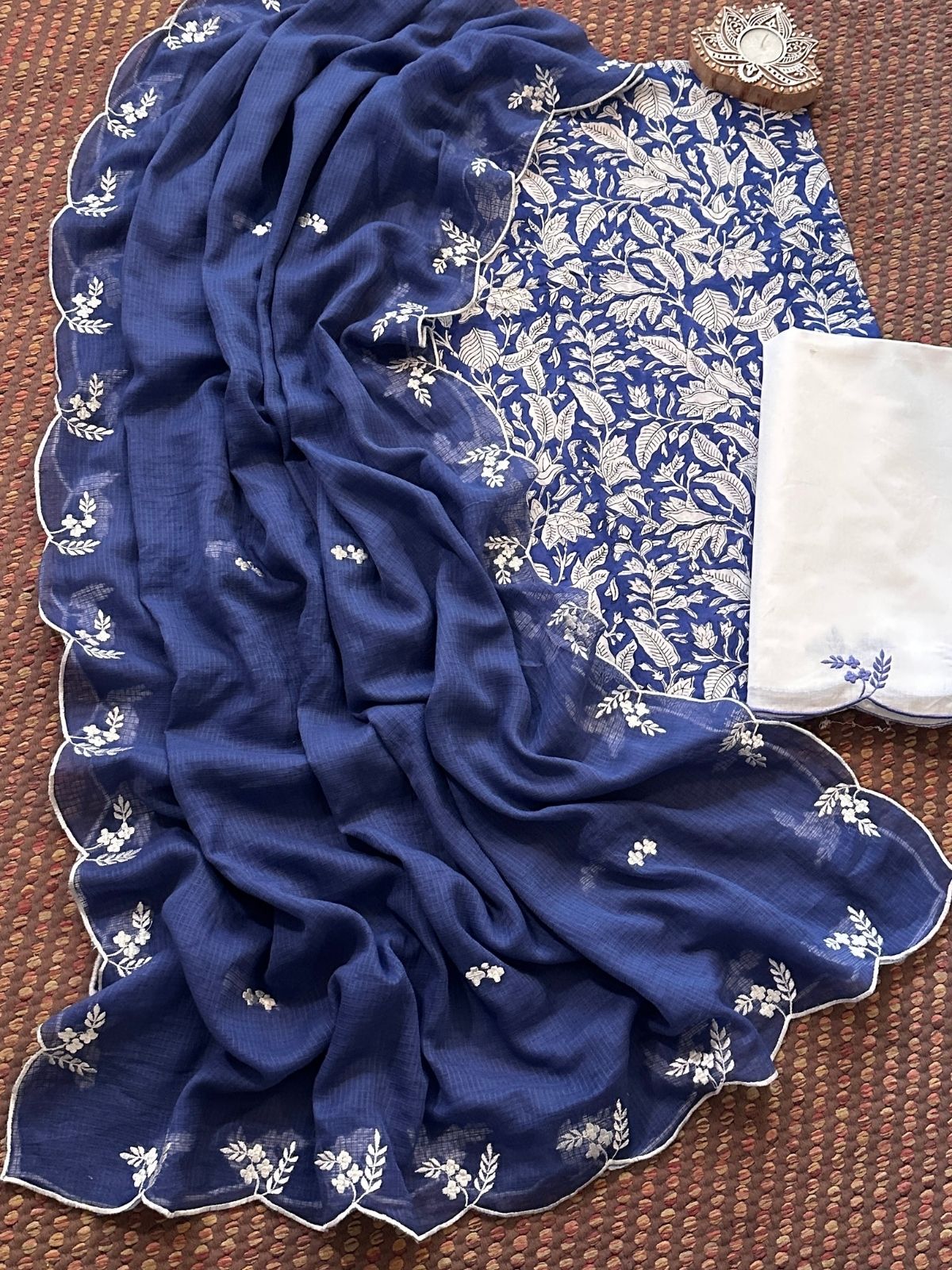 Pure Cotton Hand-block Fabric with Embroidered Bottom & Kota Doria Dupatta