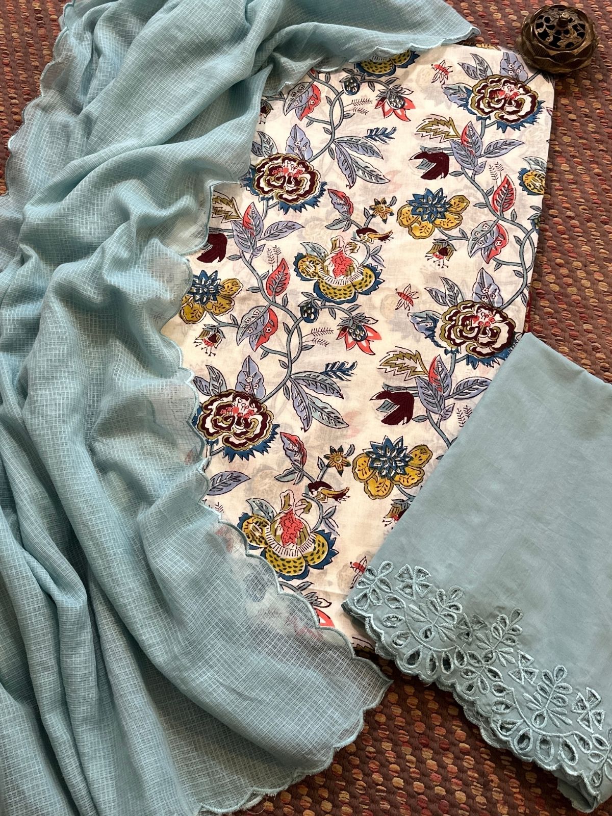 Pure Cotton Malmal Hand-blocked Fabric with Cutwork Bottom & Kota Doria Dupatta