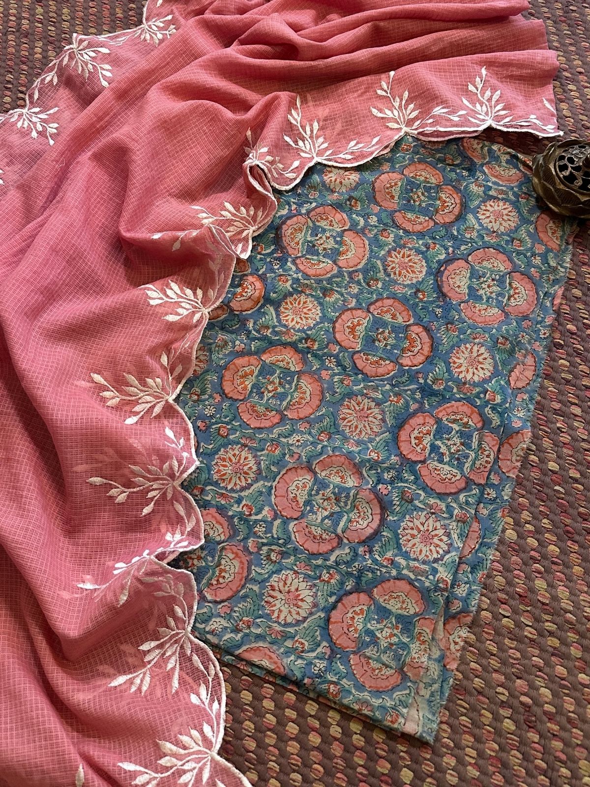 Pure Cotton Mul Hand-Block Fabric with Embroidered Dupatta