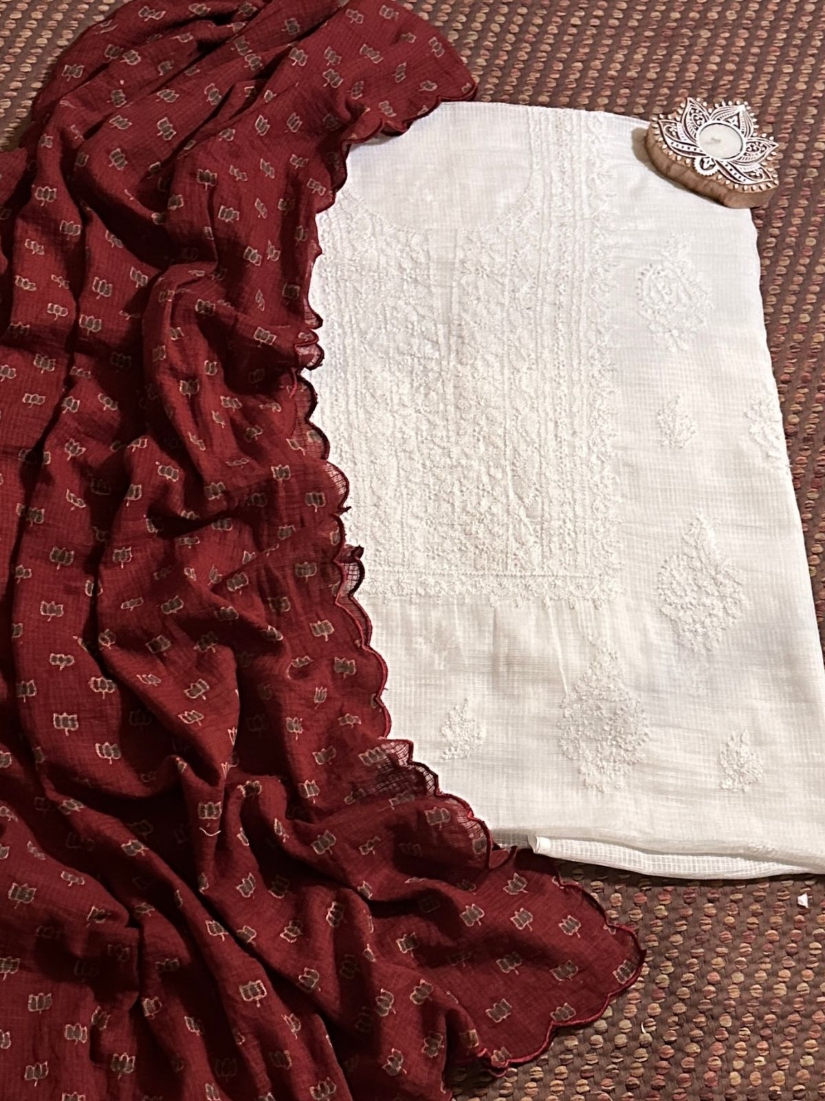 Chikankari Hand Embroidered Fabric with Ajrak Hadblocked Kota Dupatta