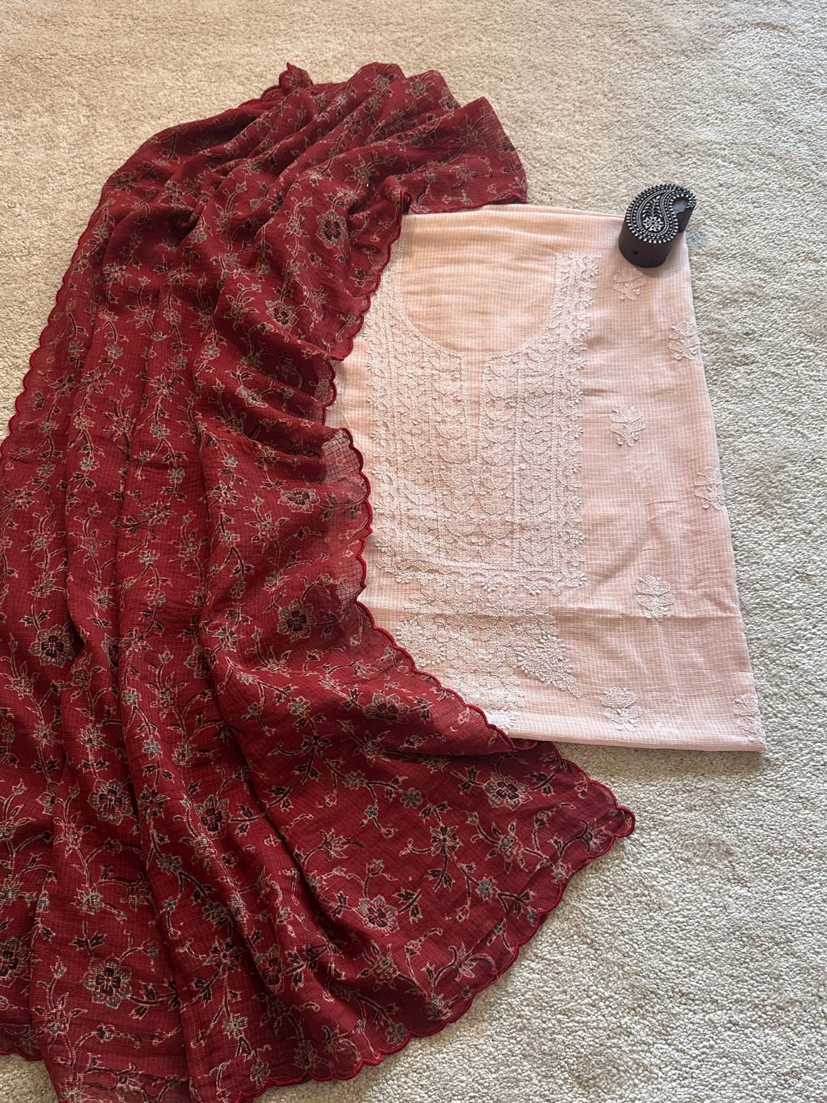 Chikankari Hand Embroidered Fabric with Ajrak Hadblocked Kota Dupatta