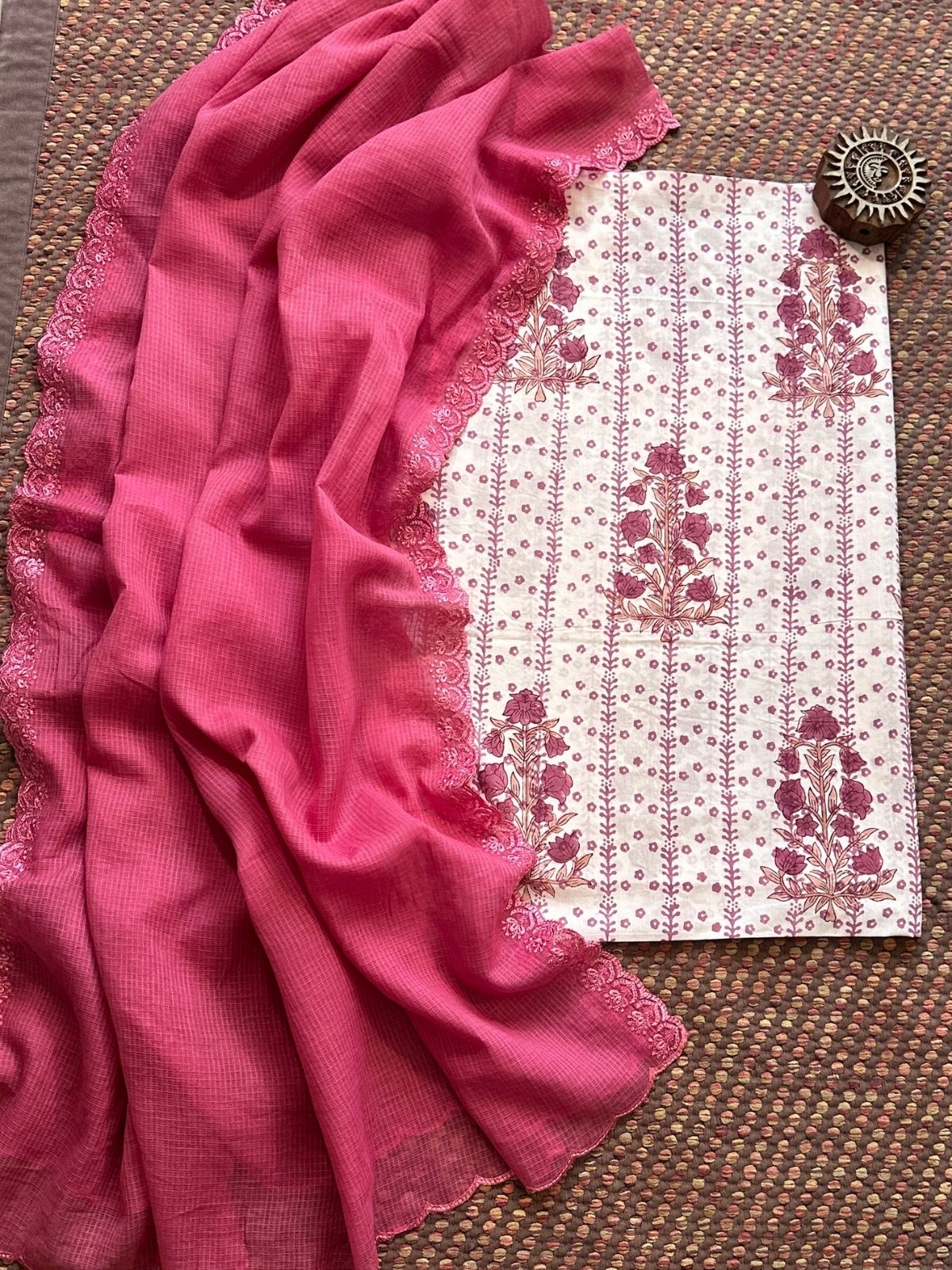 Pure Cotton  Handblock Fabric with Embroidered Kota Dupatta