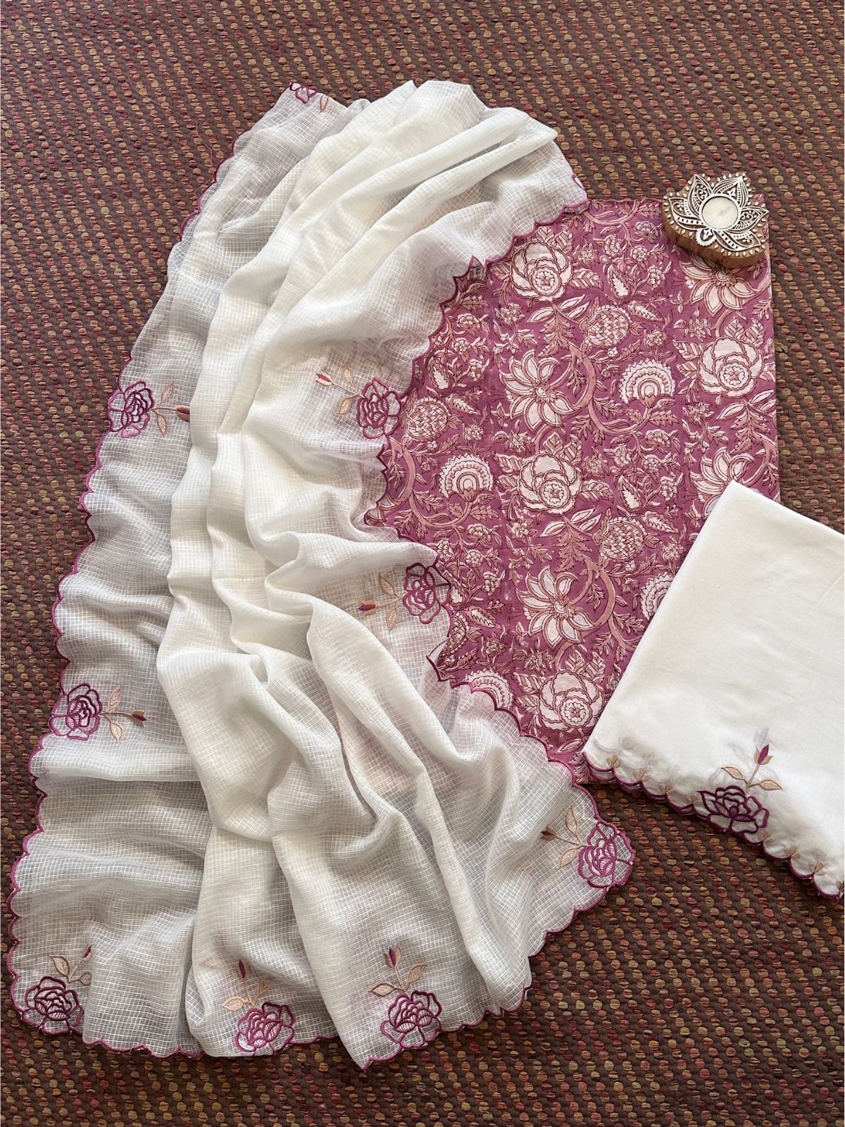 Pure Cotton Hand-block Fabric with Embroidered Bottom & Kota Doria Dupatta