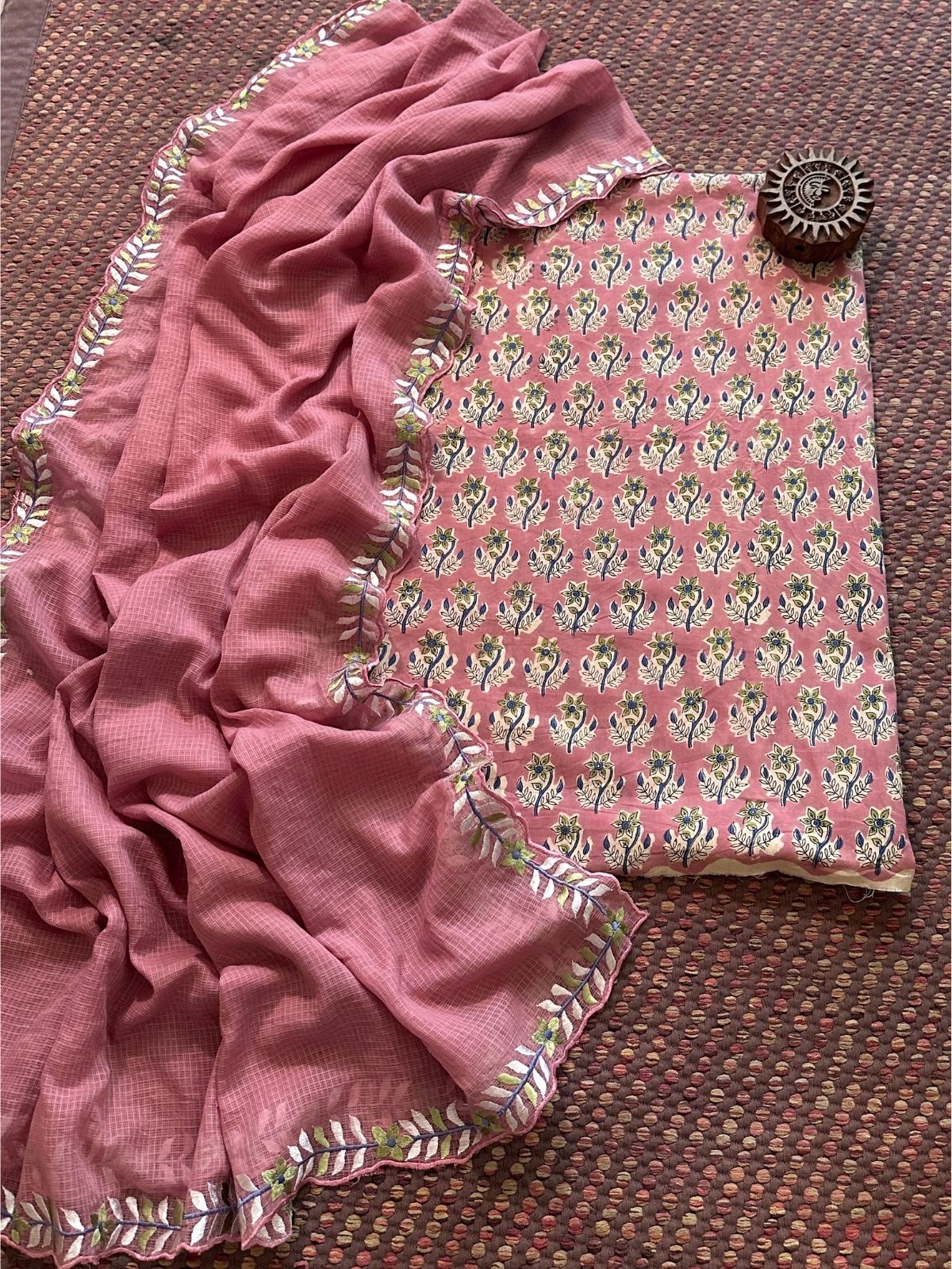 Pure Cotton Hand-blocked fabric with Embroidered Dupatta