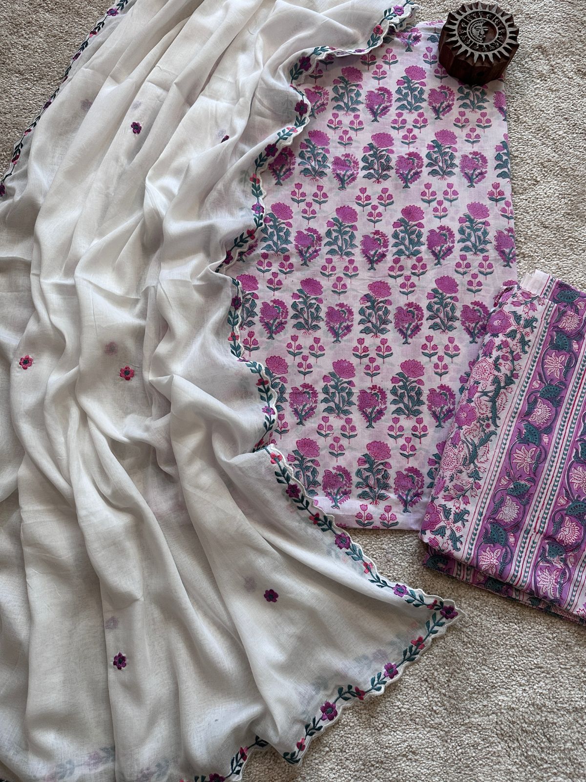 Pure Cotton Hand Blocked Set with Malmal Embroidered Dupatta