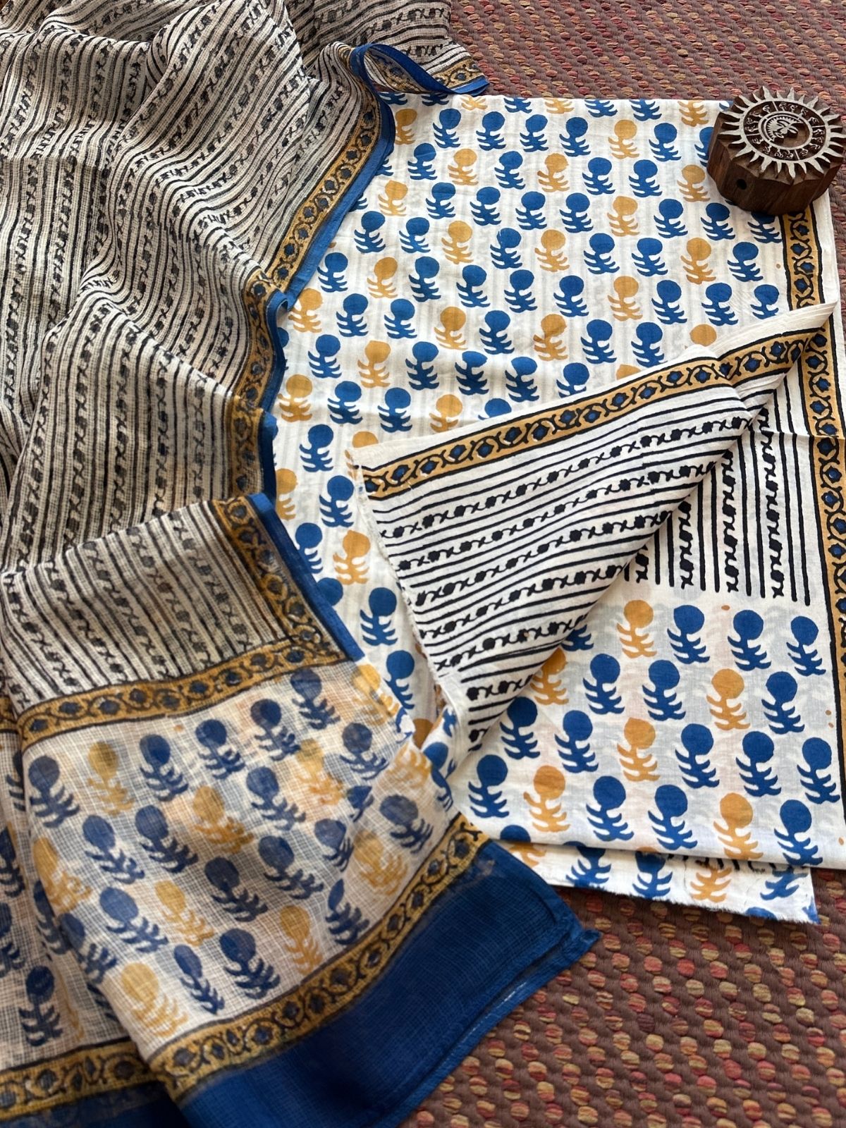 Pure Handblcoked Cotton Unstitched Set with Handblocked Kota Dupatta