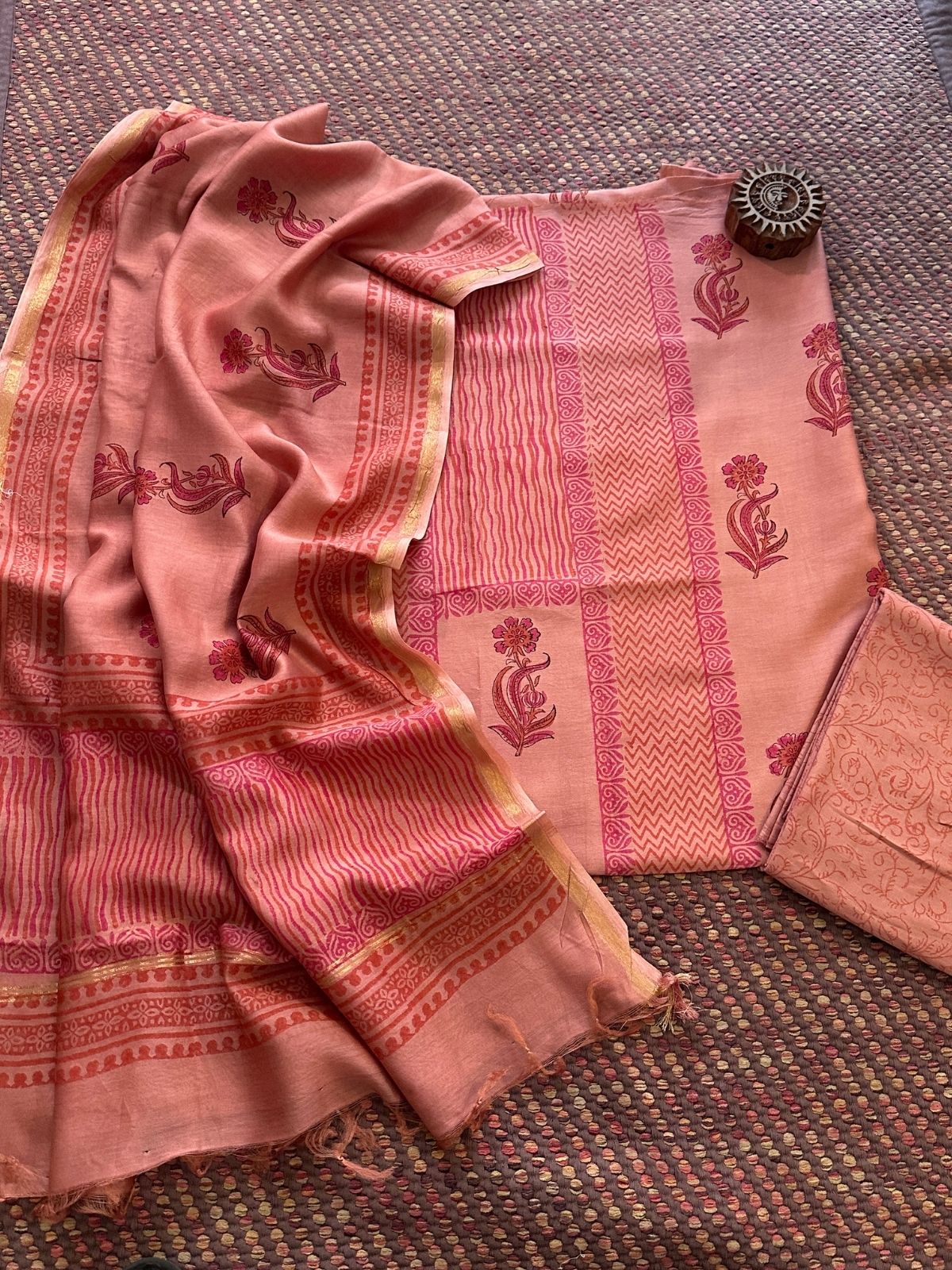 Hand-blocked Maheswari Unstitched Set