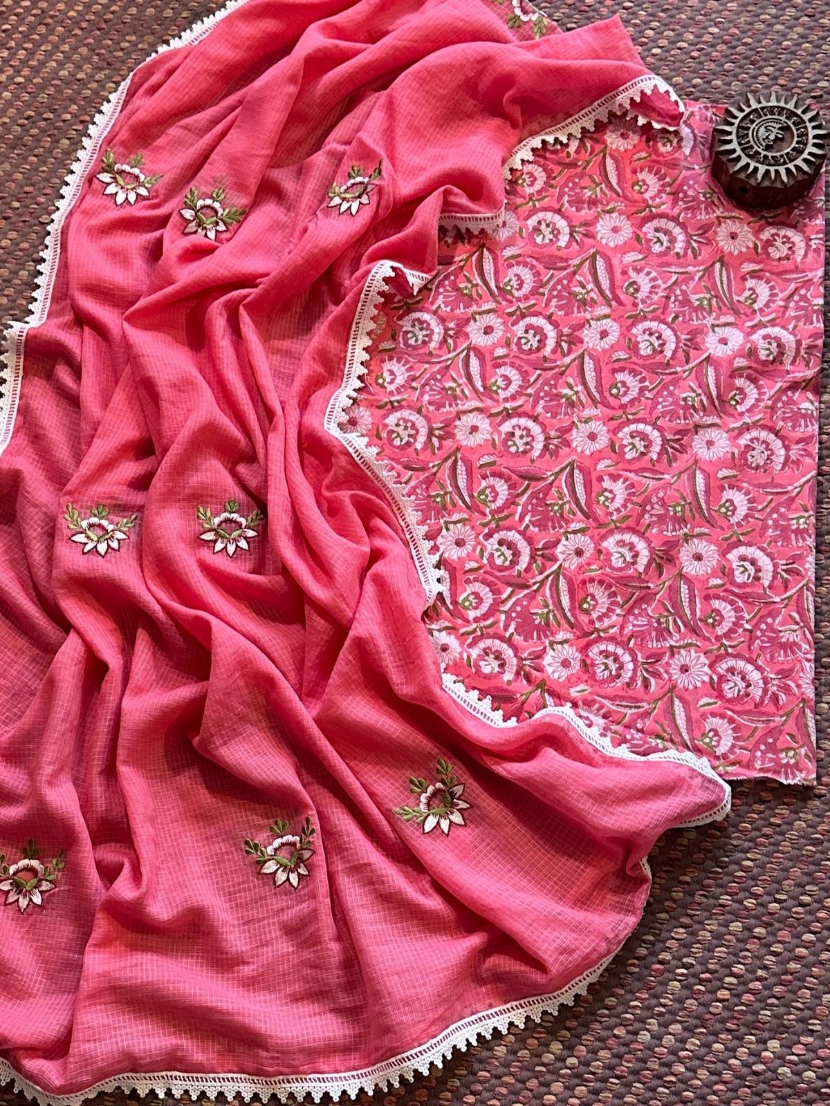 Pure Cotton Handblocked Fabric with Embroidered Kota Dupatta