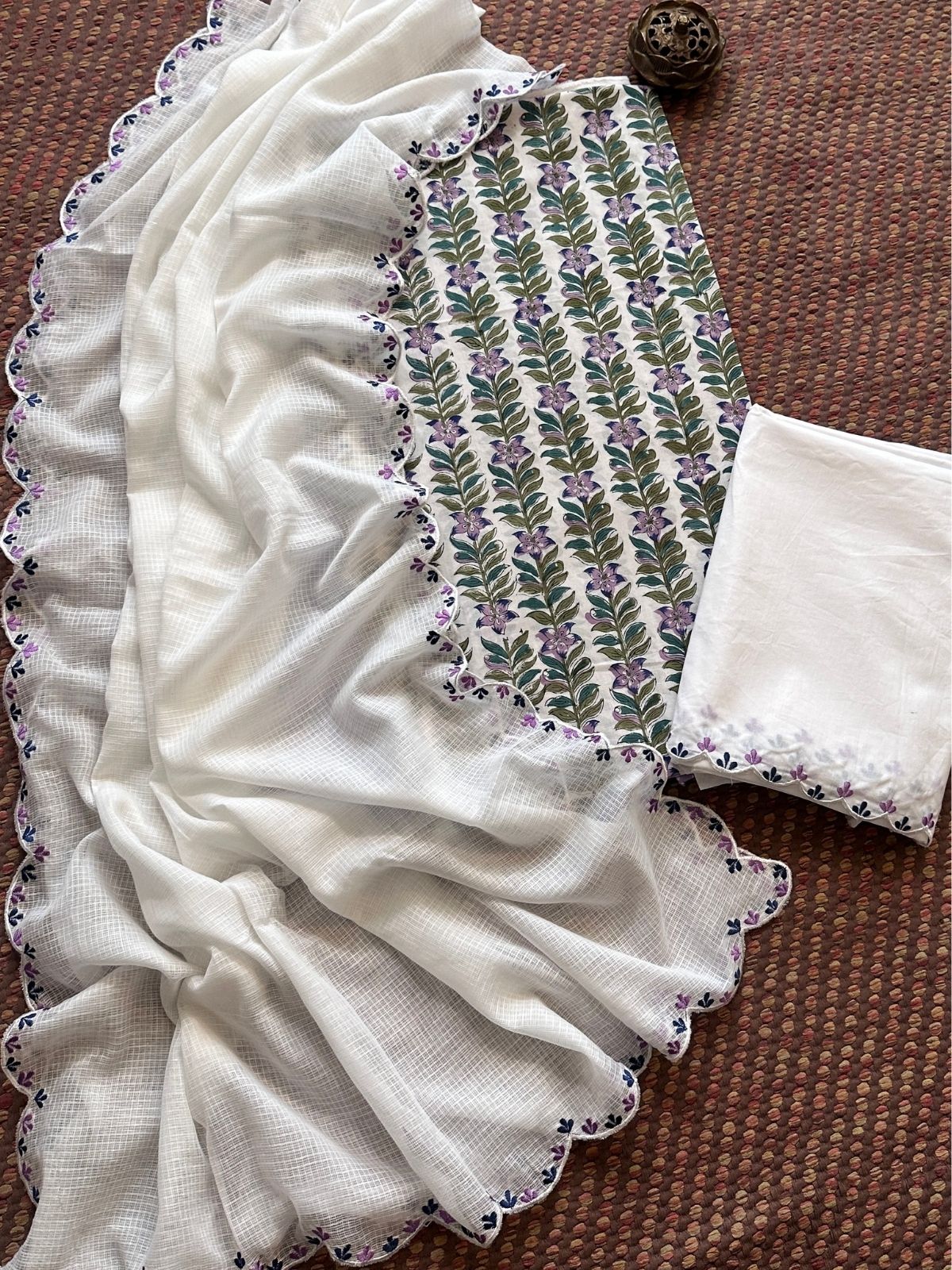 Pure Cotton Hand blocked Set with Embroidered Dupatta