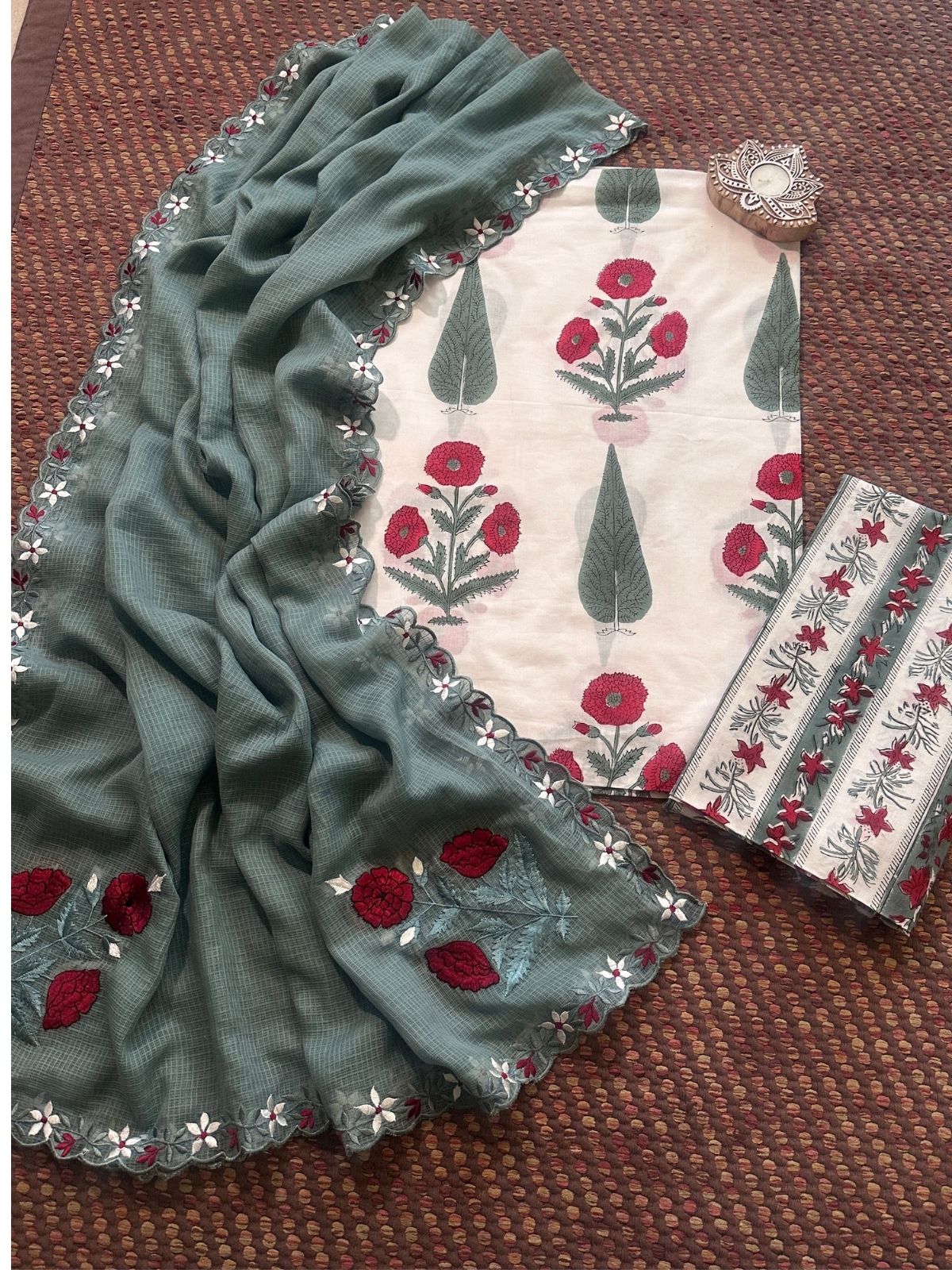 Pure Cotton  Hand blocked Set with Embroidered Dupatta