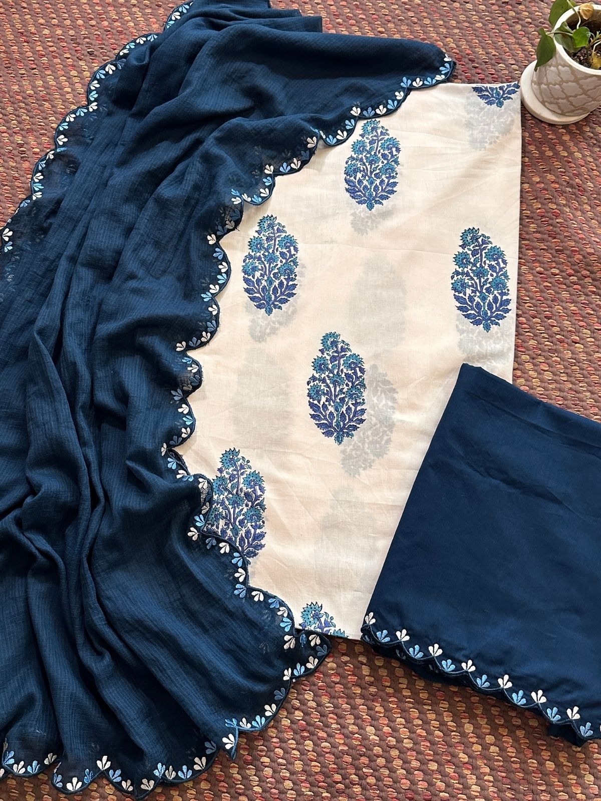 Pure Cotton Hand blocked Set with Embroidered Dupatta