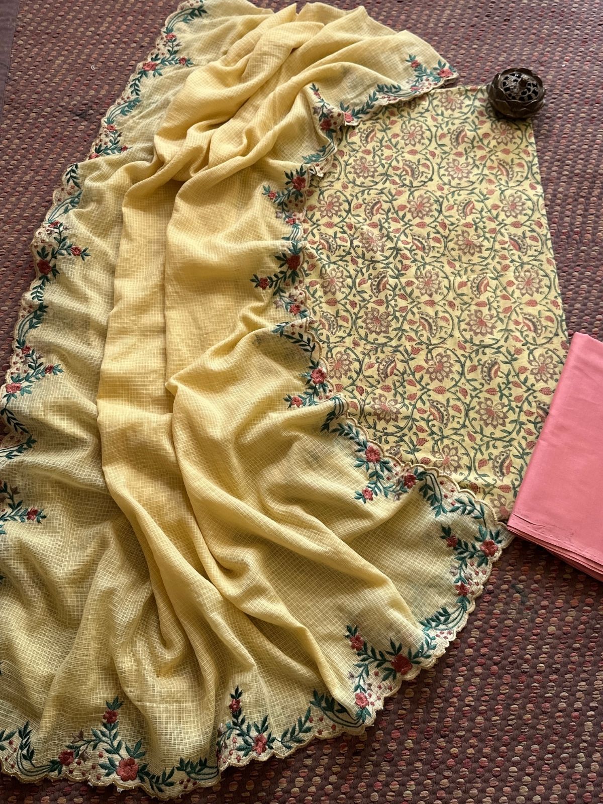 Pure Cotton Hand-block Fabric set with Embroidered Kota Doria Dupatta