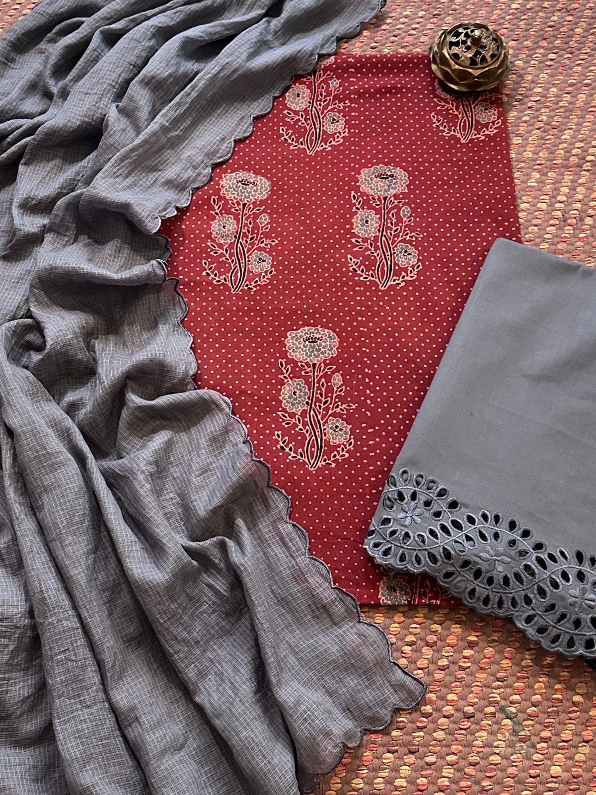Pure Cotton Mul Ajrak with Scalloped Dupatta & Cutwork Bottom