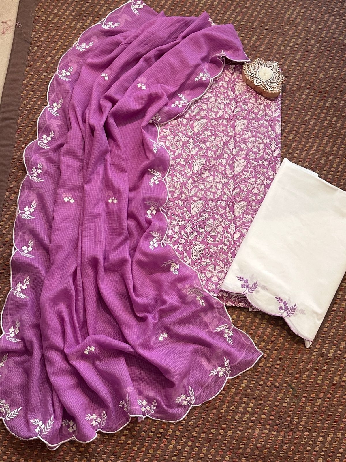 Pure Cotton Hand-block Fabric with Embroidered Bottom & Kota Doria Dupatta