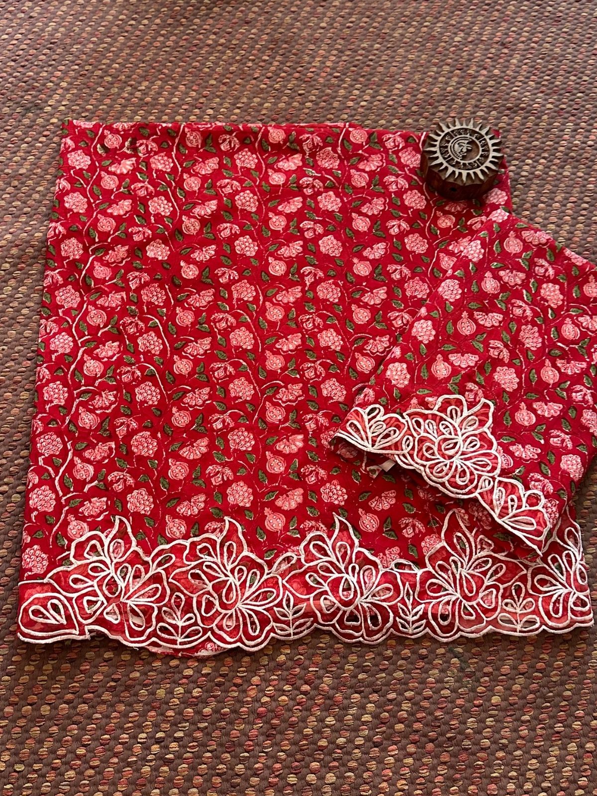 Pure Cotton Hand-blocked Coord Set with Cutwork on Organza Patch Work.