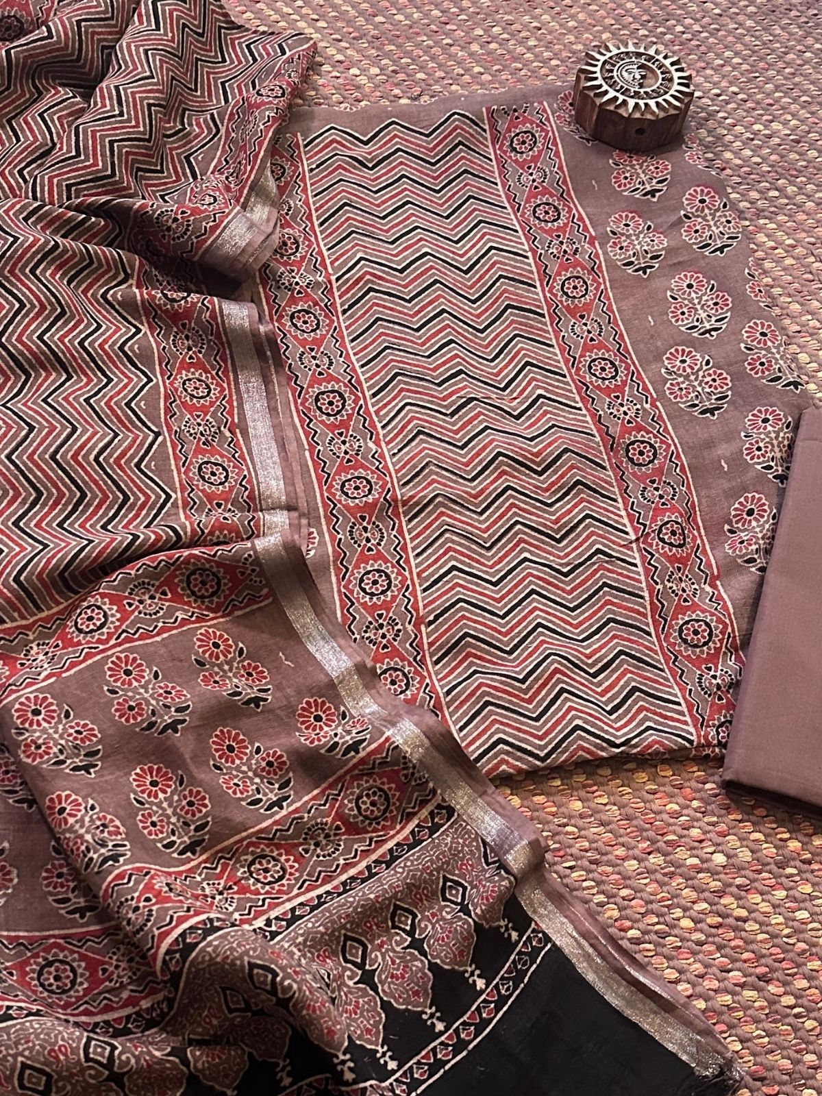 Linen Ajrakh Hand- Block Unstitched Set